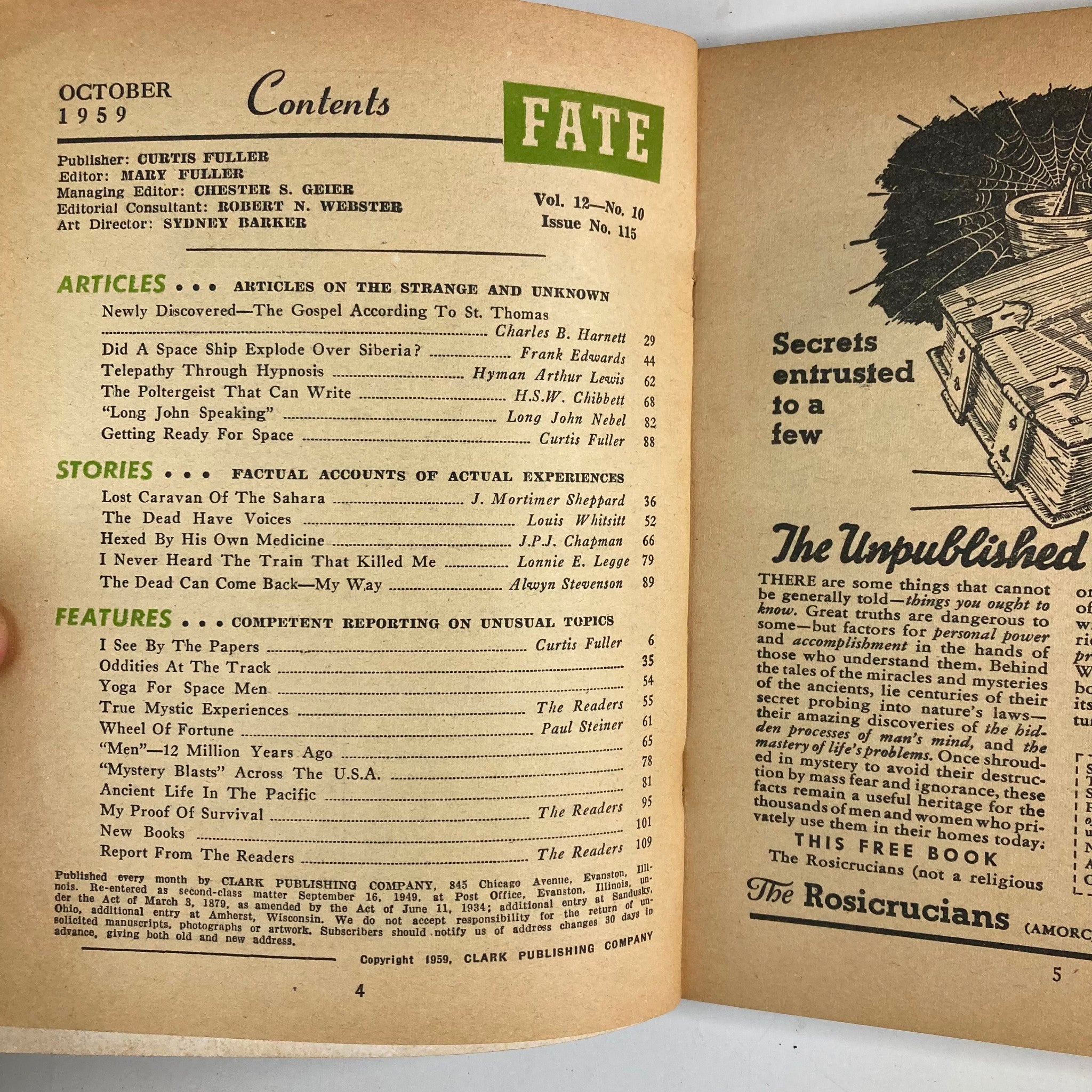Contents page of VTG Fate Magazine October 1959 Vol 12 No. 10 featuring intriguing articles like 'The Gospel According To St. Thomas' and sections on strange phenomena, mystical experiences, and factual accounts.