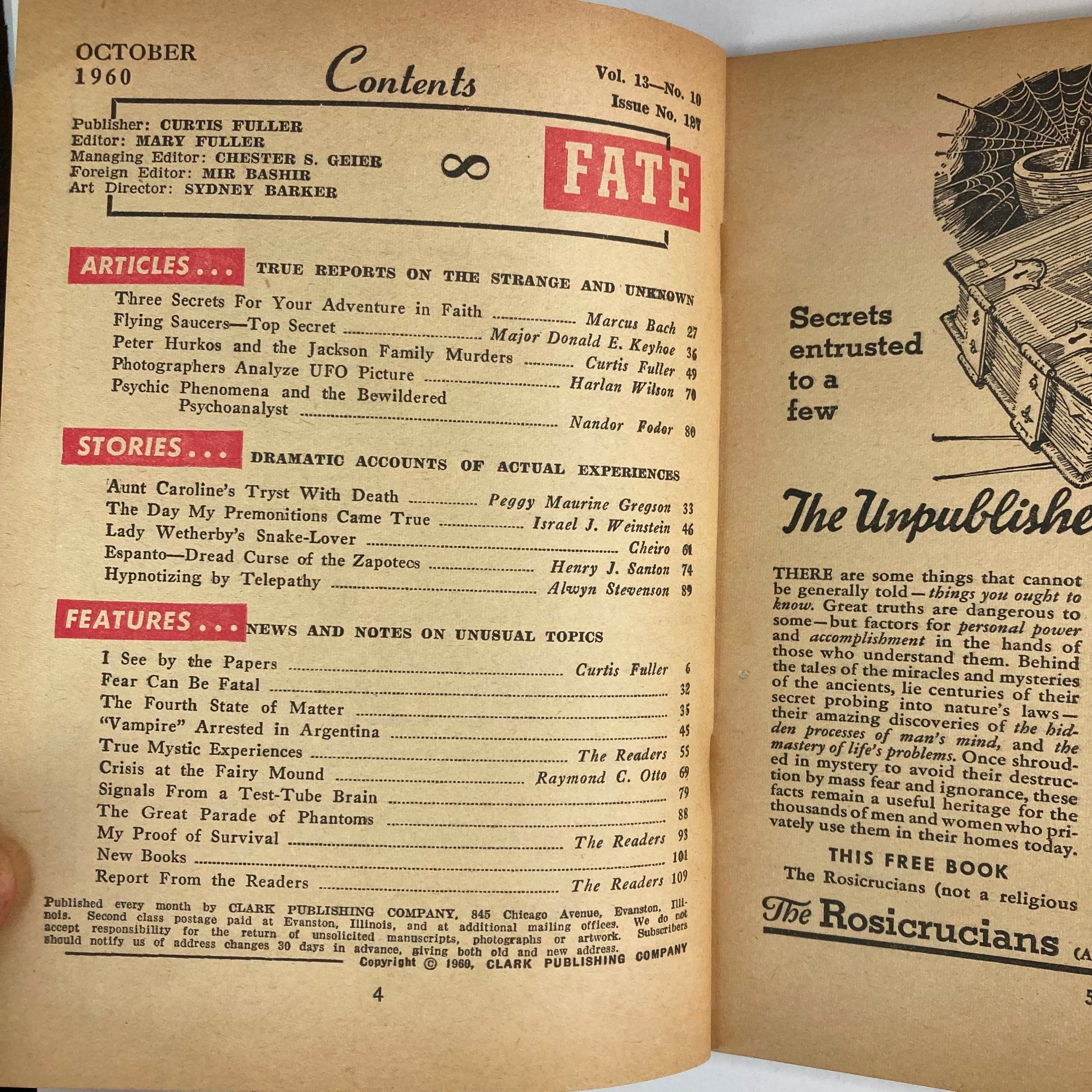 Contents page of VTG Fate Magazine October 1960 listing articles and stories related to strange occurrences and mysterious experiences.