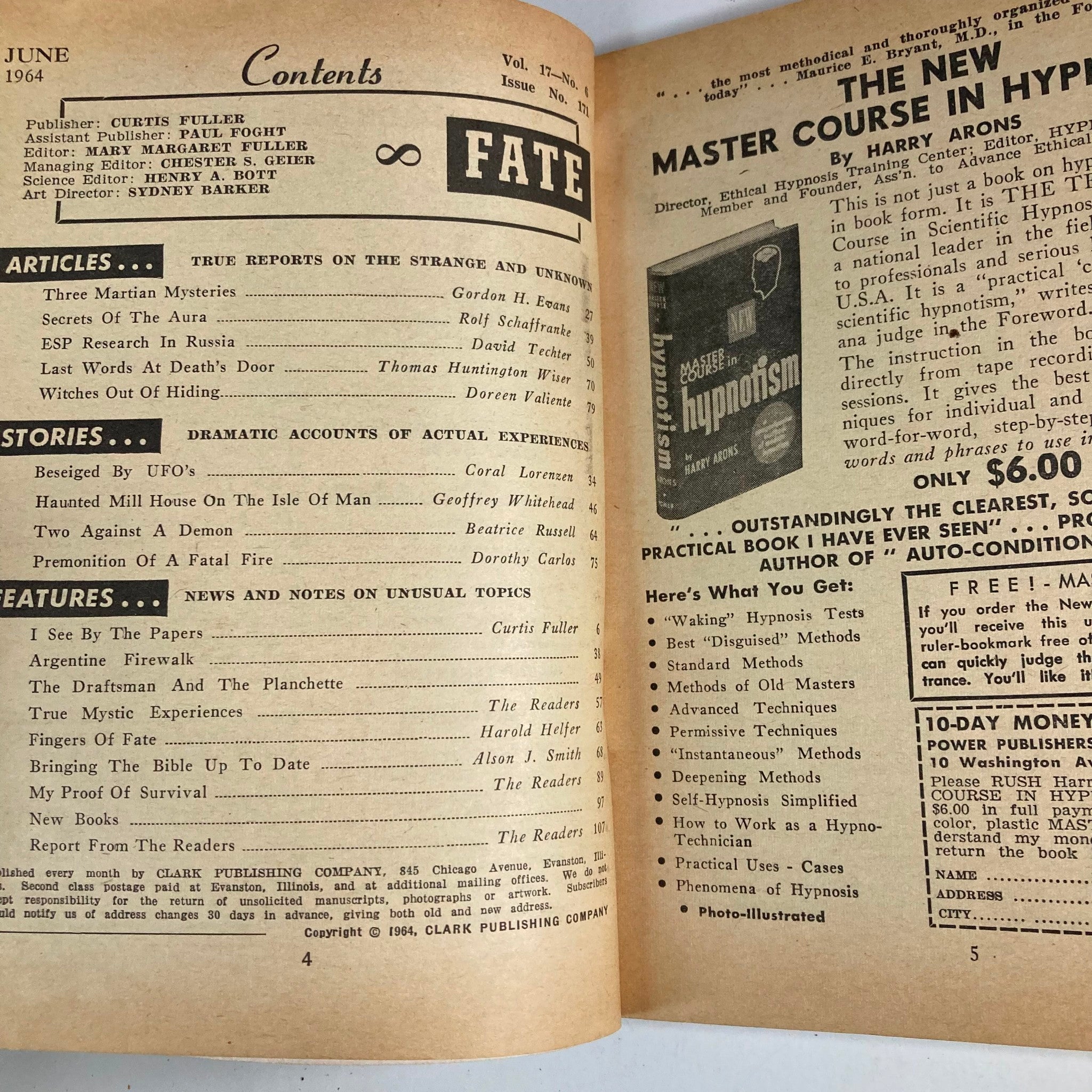 Inside contents page of VTG Fate Magazine June 1964, Volume 17, No. 6, listing articles about martian mysteries and the supernatural.