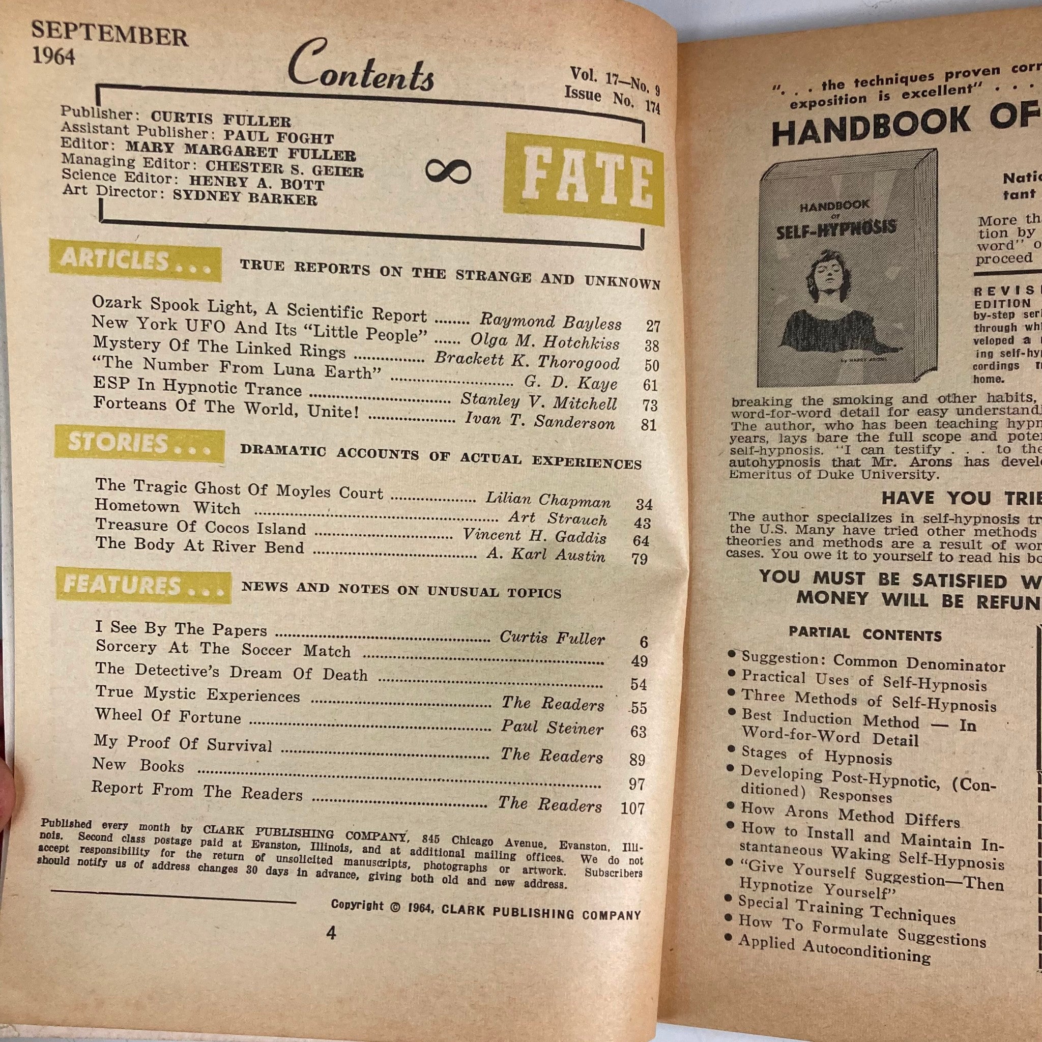 Contents page of VTG Fate Magazine September 1964, Volume 17, Number 9, listing articles including 'My Hometown Witch' and other fascinating topics.