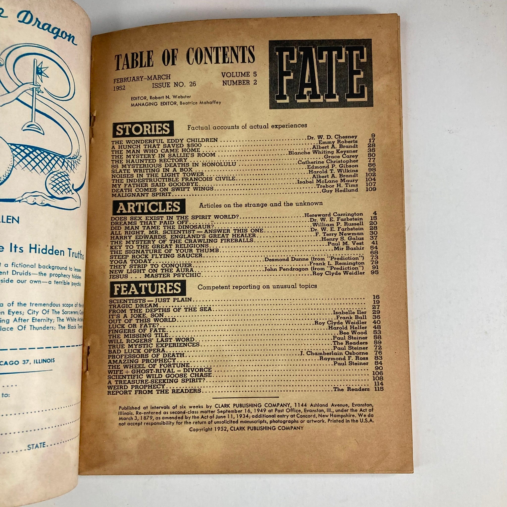 VTG Fate Magazine February 1952 Vol 5 No. 2 Key To The Great Religions No Label