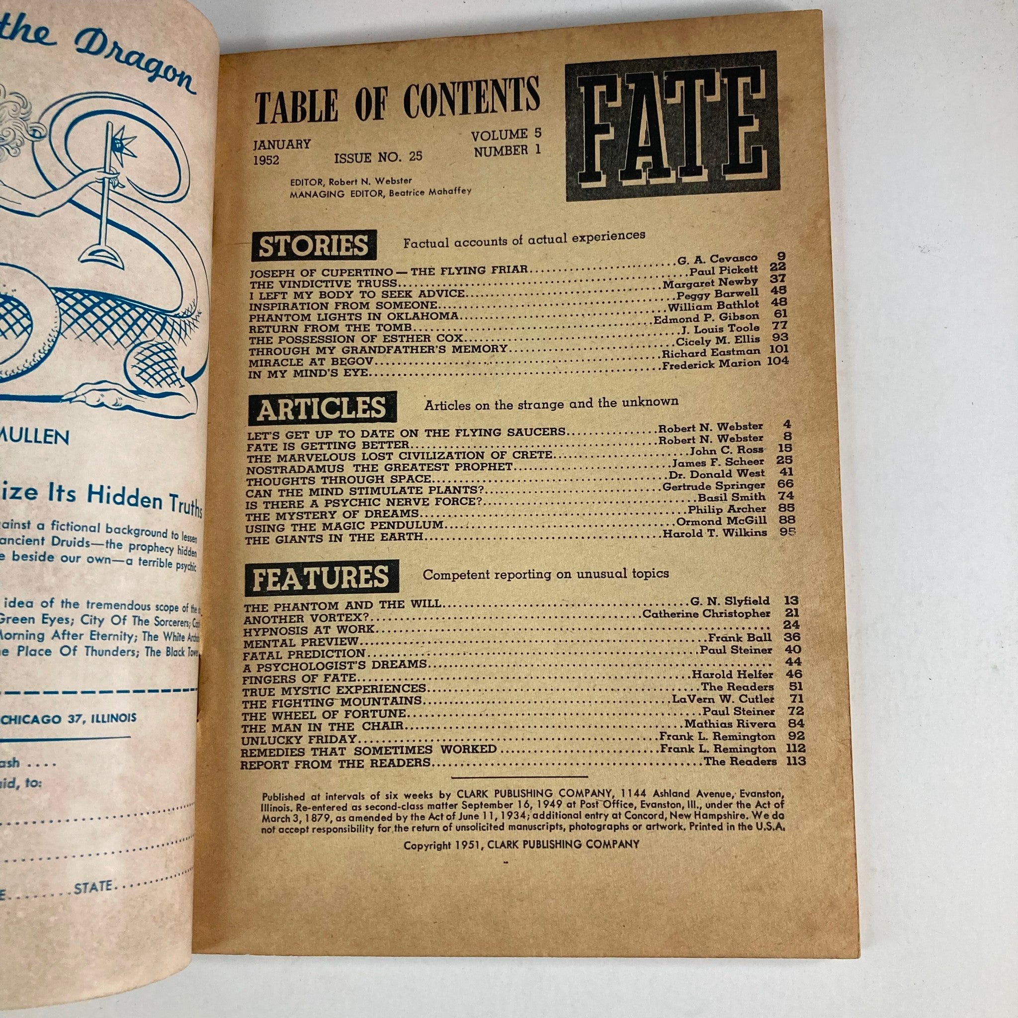 VTG Fate Magazine January 1952 Vol 5 No. 1 Bull Leapers of Crete No Label