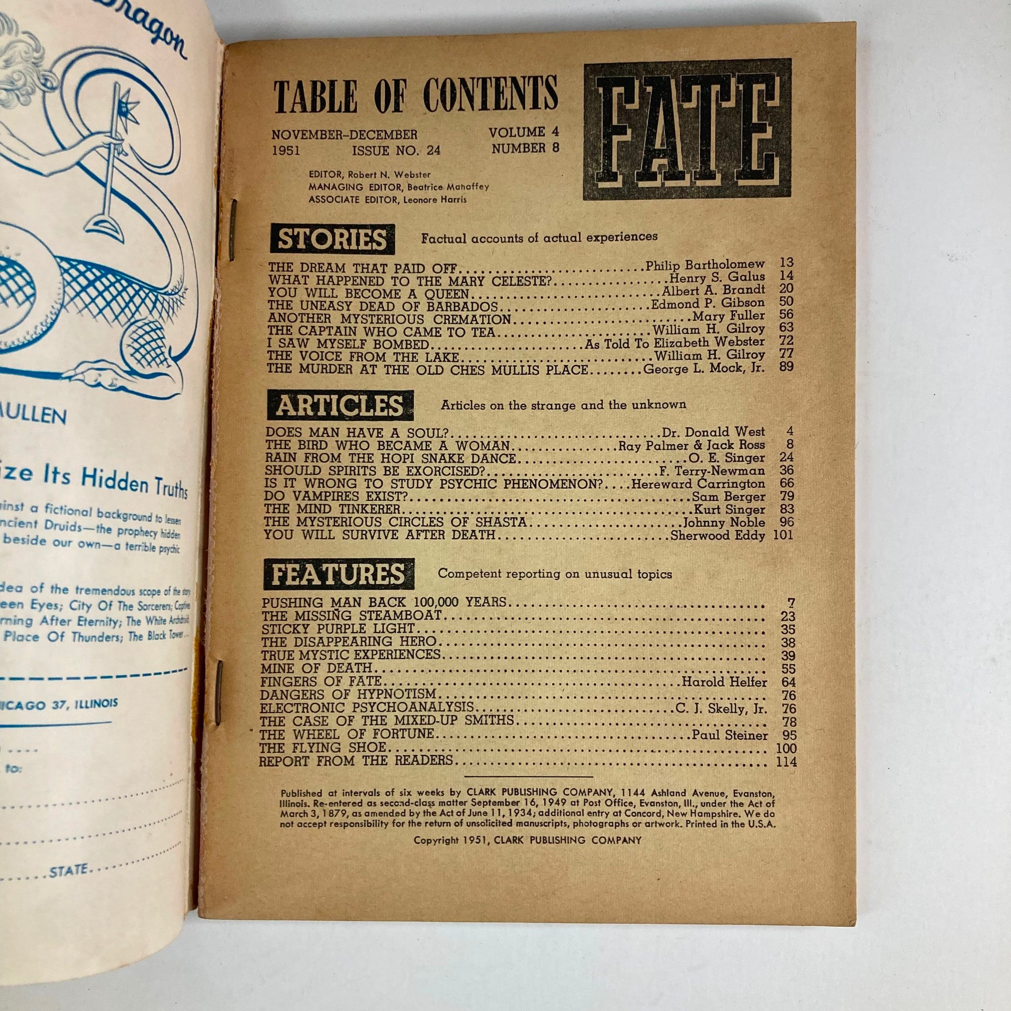 Table of contents from VTG Fate Magazine November 1951 Vol 4 No. 8 featuring articles on paranormal experiences, psychic phenomena, and other unusual topics. Includes story titles like 'The Dream That Paid Off' and 'Does Man Have a Soul?'. Shown in a vintage layout with an informative design.