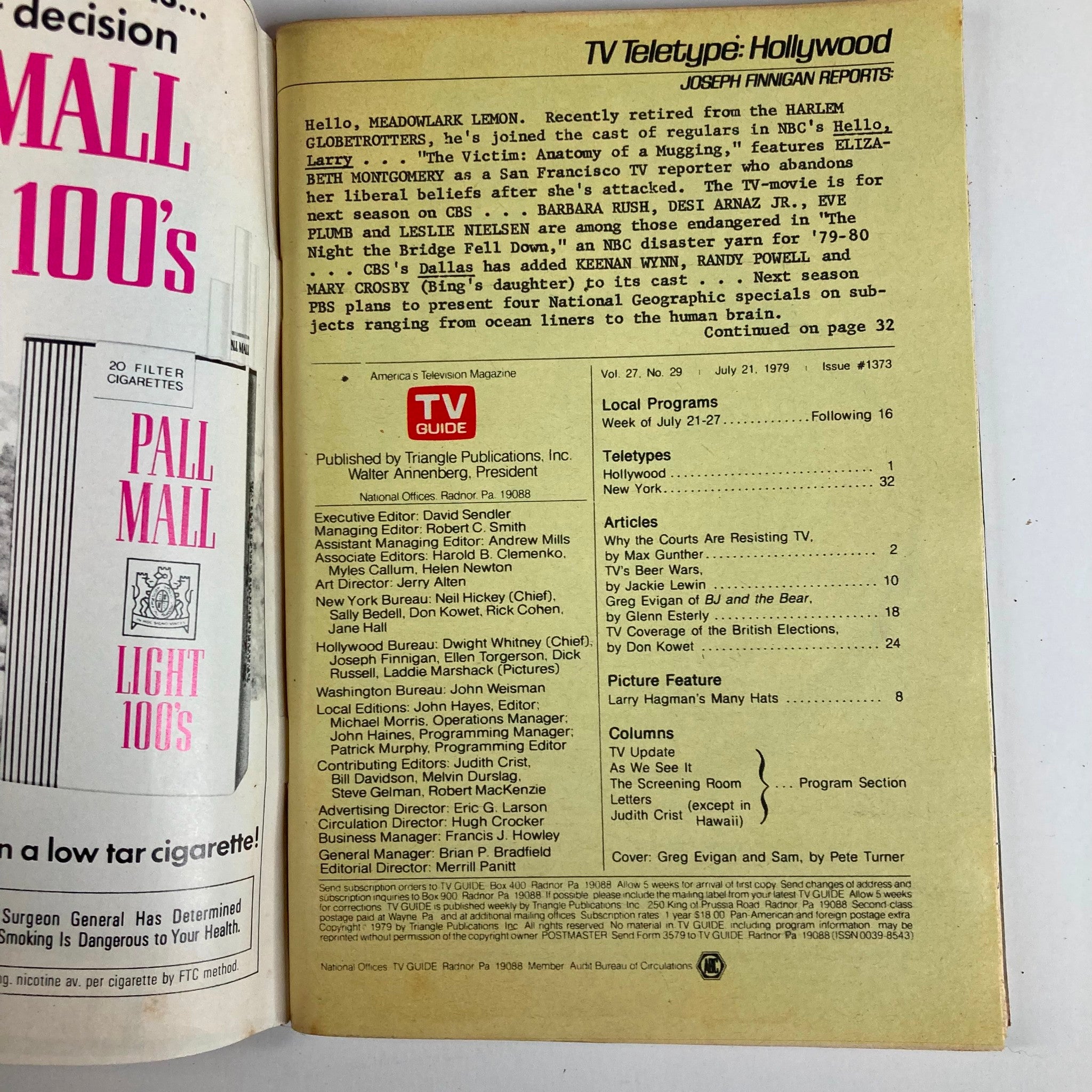 Inside page of TV Guide Magazine from July 21, 1979, issue #1373, showcasing articles and local program listings, highlighting entertainment from the era.