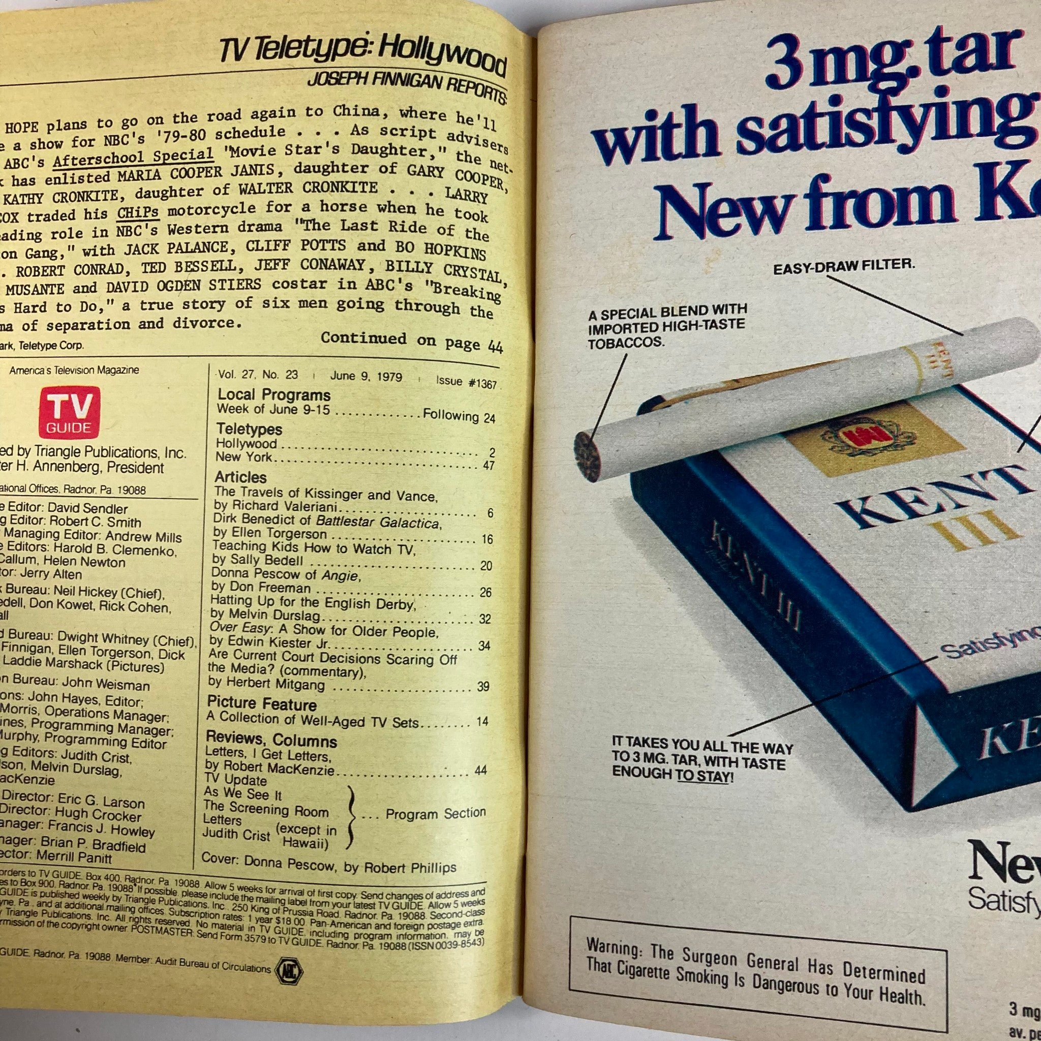 Interior page of TV Guide Magazine June 9 1979, issue #1367, featuring TV Teletype Hollywood column and an advertisement for Kent cigarettes. Highlights include local program listings and articles on classic television shows.