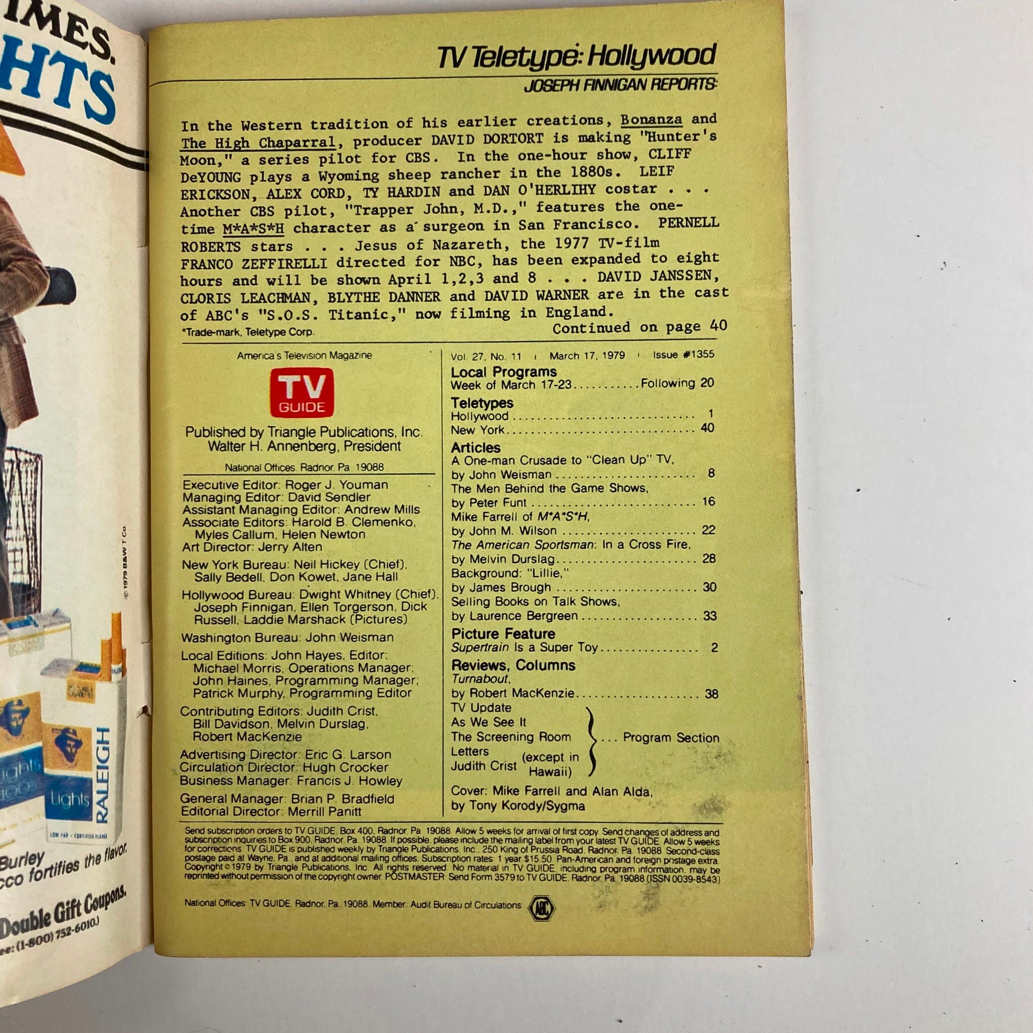 Inside page of TV Guide Magazine March 17 1979 featuring TV Teletype Hollywood reports and local program listings. Issue #1355 with details about popular shows and articles, including insights on influential TV personalities like Mike Farrell and Alan Alda.