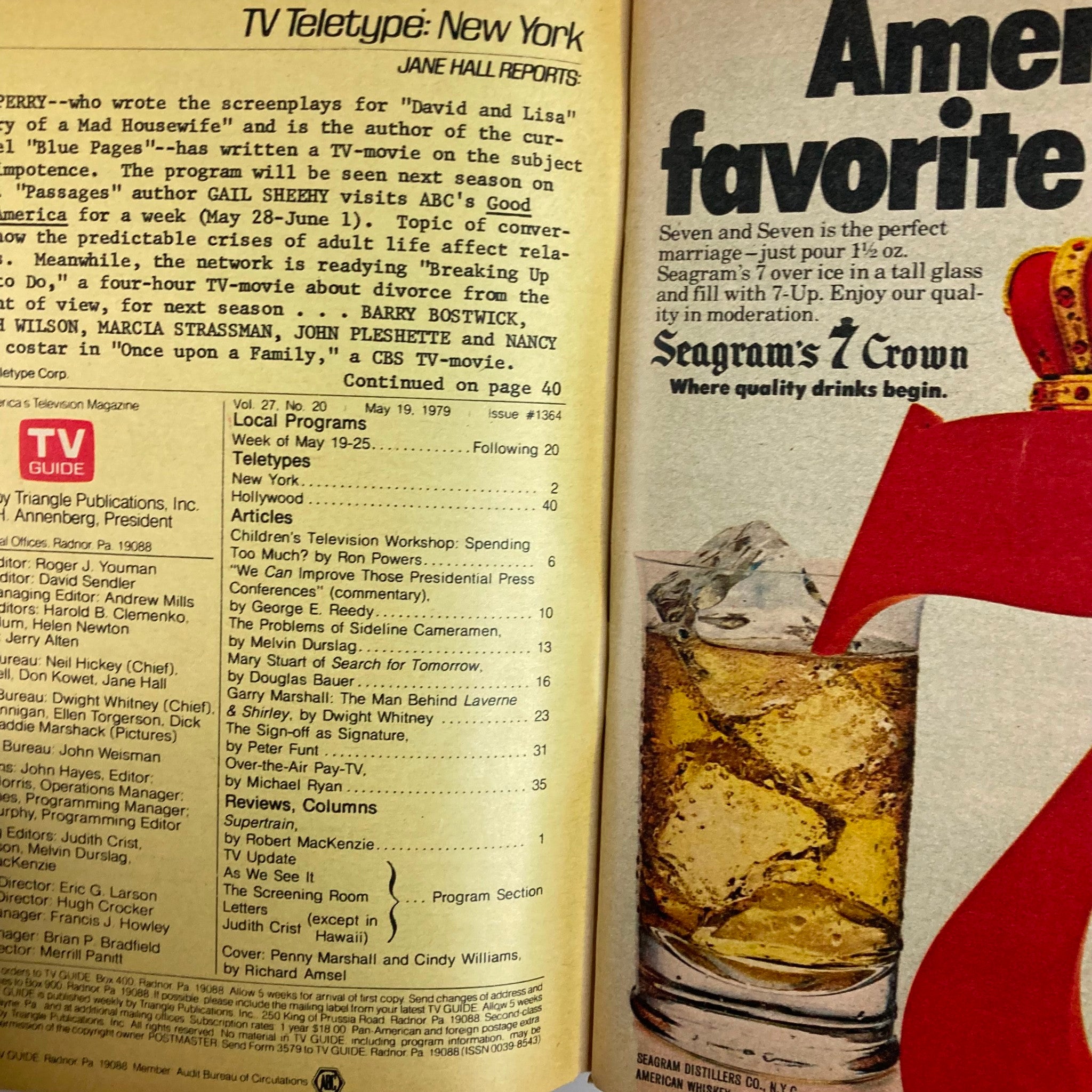Interior page of TV Guide Magazine May 19, 1979, Issue #1364 presenting articles and programming details, with a featured segment on Penny Marshall and Cindy Williams.