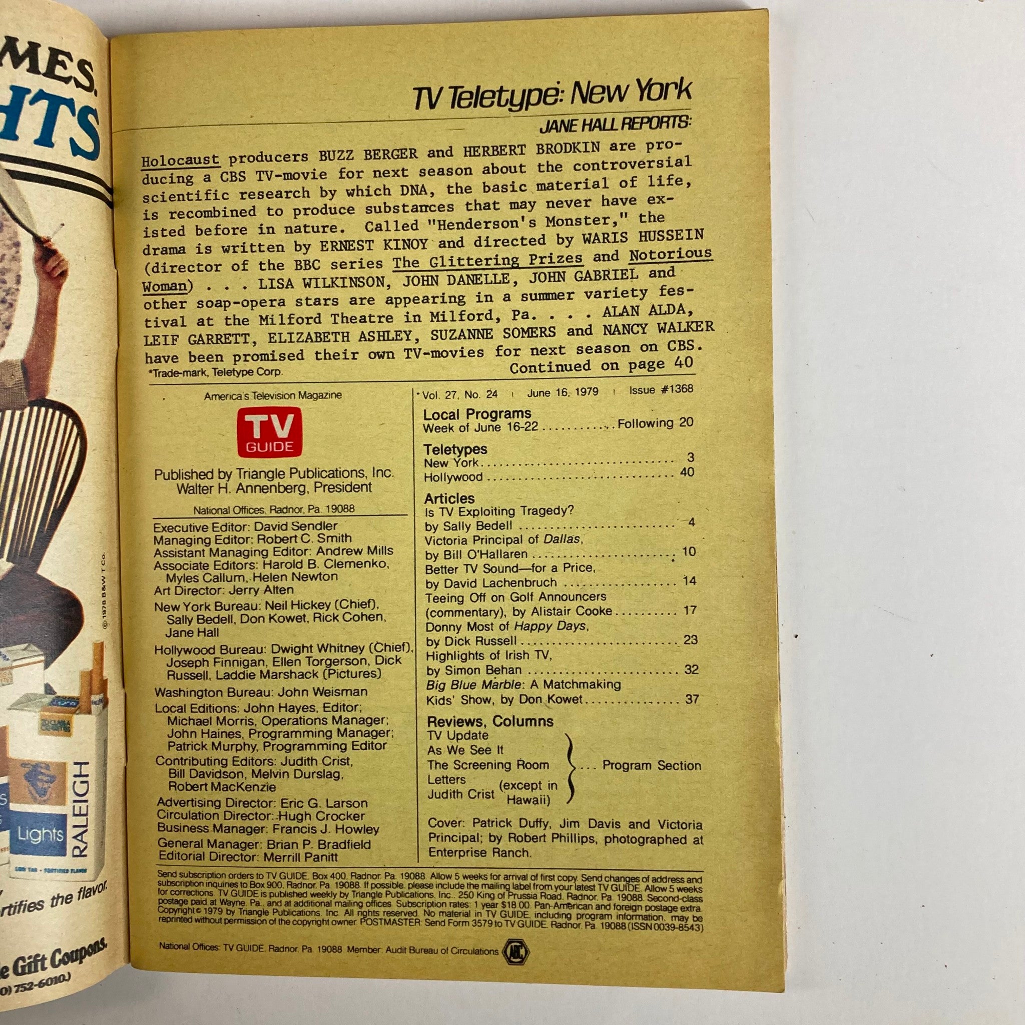 Interior page of TV Guide Magazine June 16 1979 #1368 showing TV Teletype New York articles and program listings.