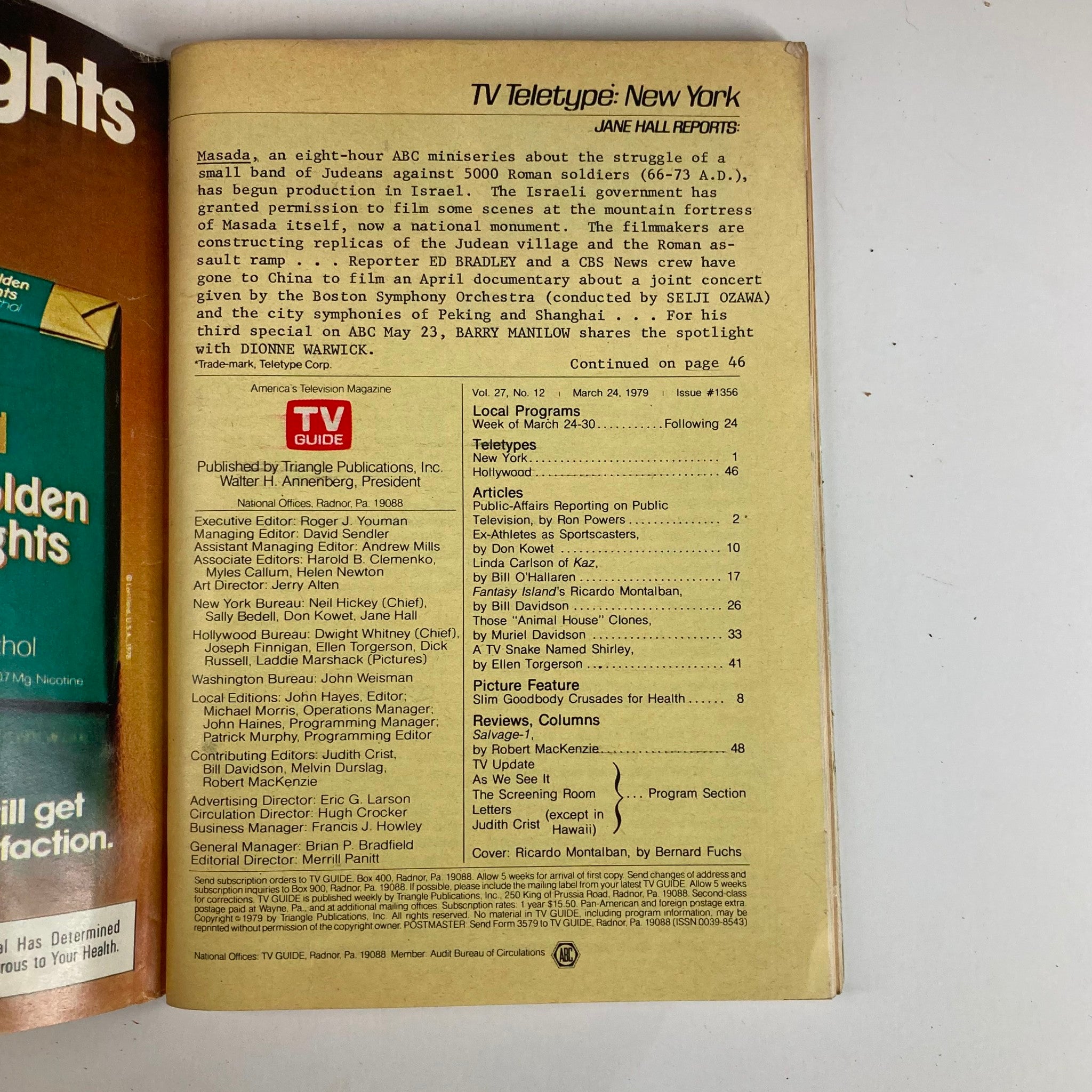 Back cover of TV Guide Magazine from March 24, 1979, Issue #1356, featuring TV program listings and details about the publication, including the name Ricardo Montalban as the featured cover star.