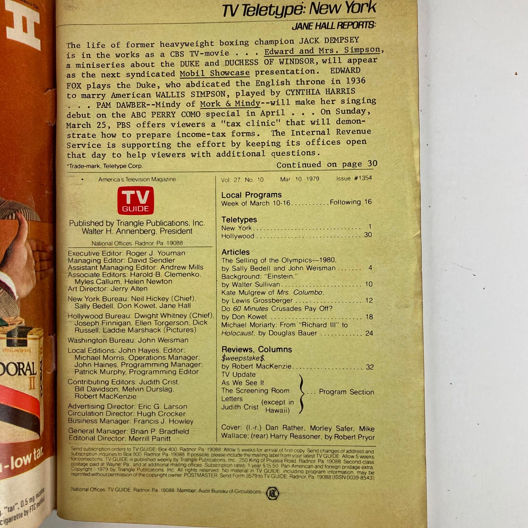 Inside page of TV Guide Magazine March 10 1979, Issue #1354, detailing local programs and articles, including a feature on the selling of the Olympics and information about the cast of 60 Minutes.