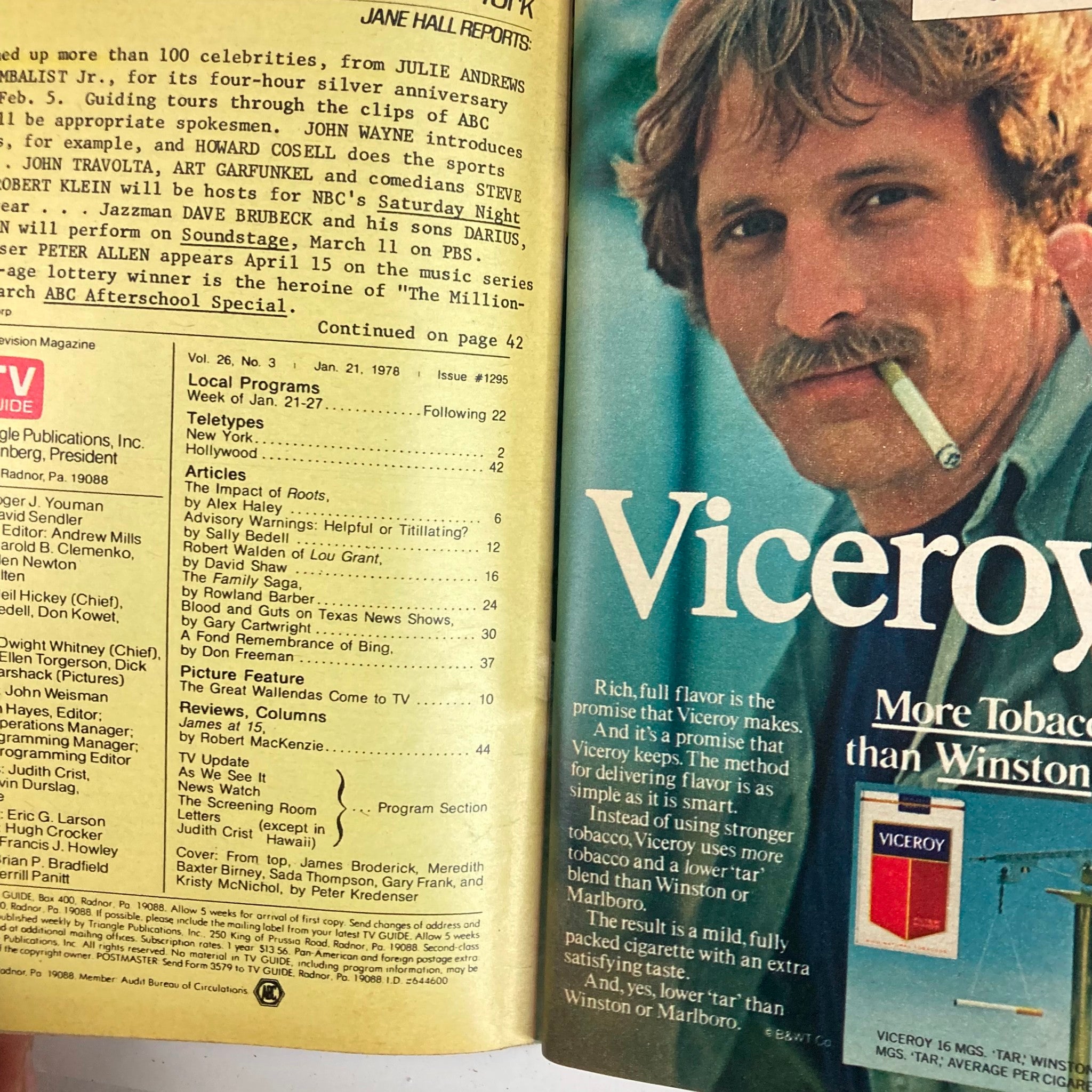 Inside page of TV Guide Magazine January 21, 1978, displaying article excerpts and a Viceroy advertisement, offering a glimpse into 1970s pop culture.