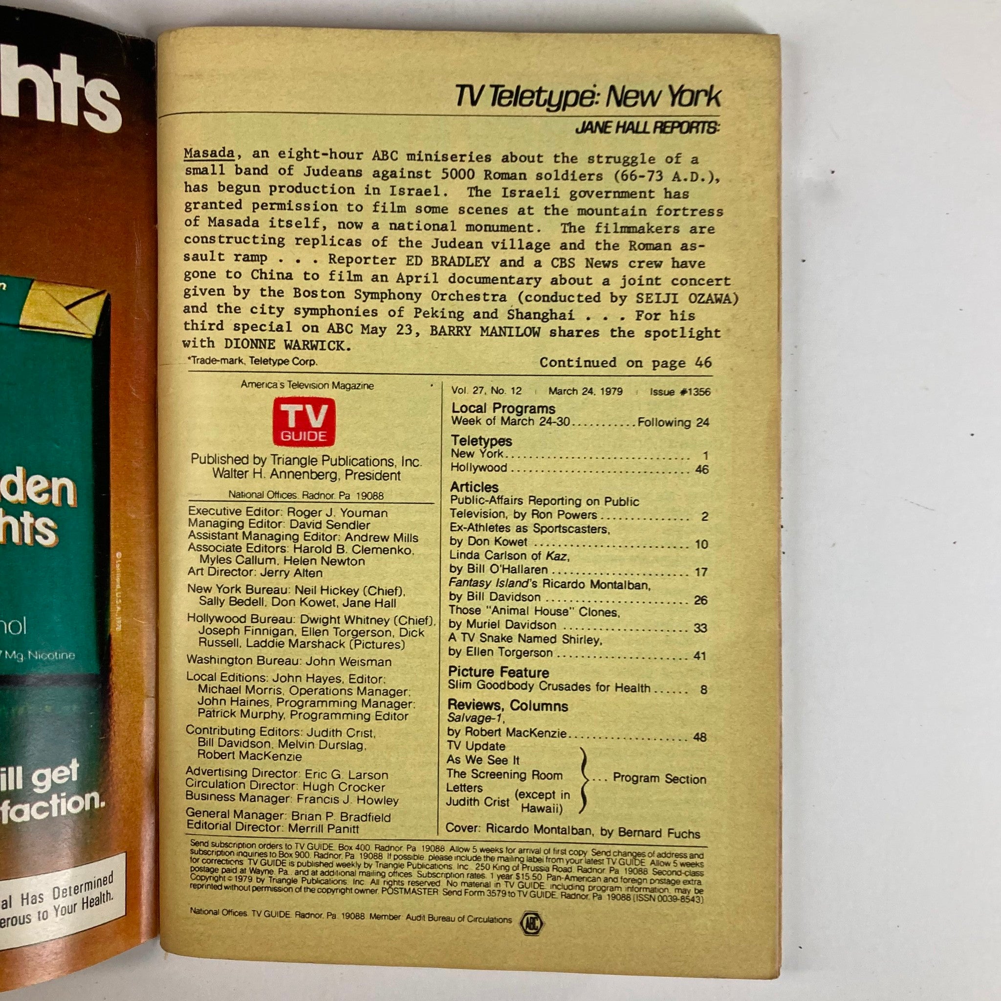 Inside page of TV Guide Magazine March 24 1979 #1356, detailing programming and articles, reflecting TV history of the era.