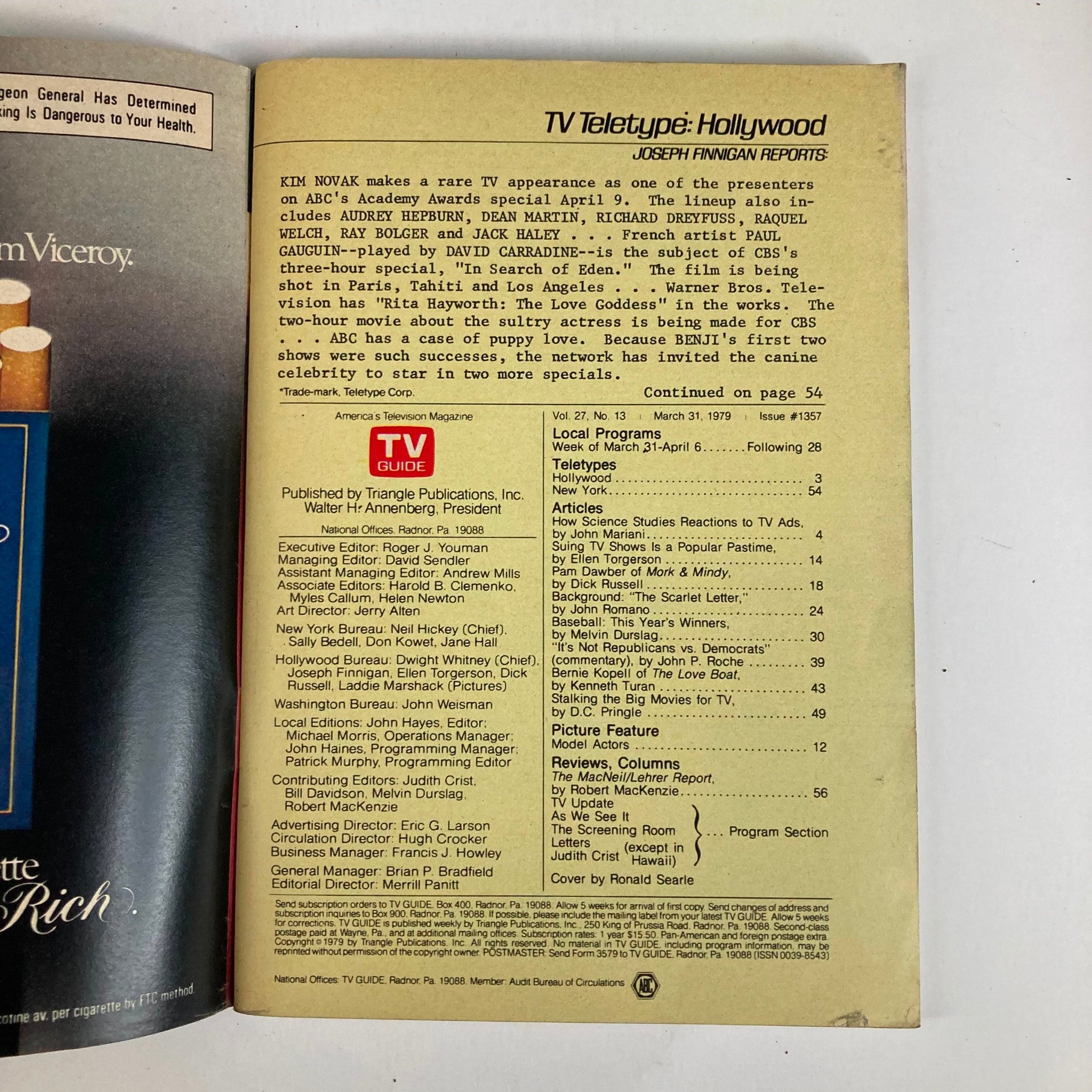 TV Guide Magazine March 31 1979 #1357, showcasing the contents page with details about television programs and celebrity appearances from that era.