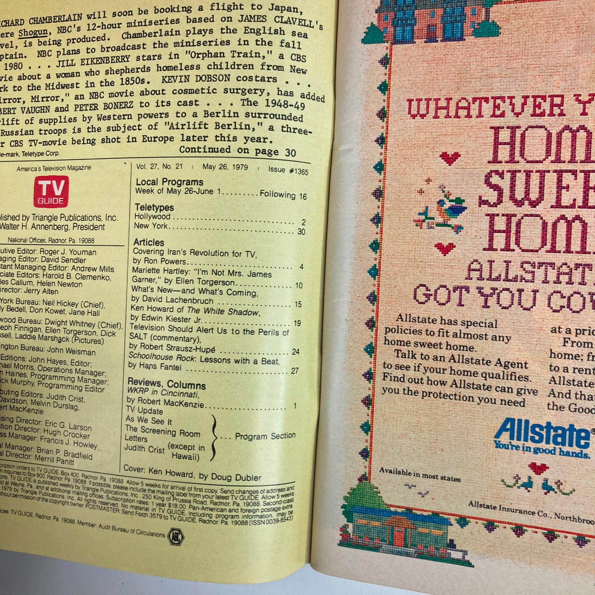 Inside page of TV Guide Magazine May 26, 1979, Issue #1365 showcasing articles and listings, highlighting Ken Howard and features from the late 70s television landscape.