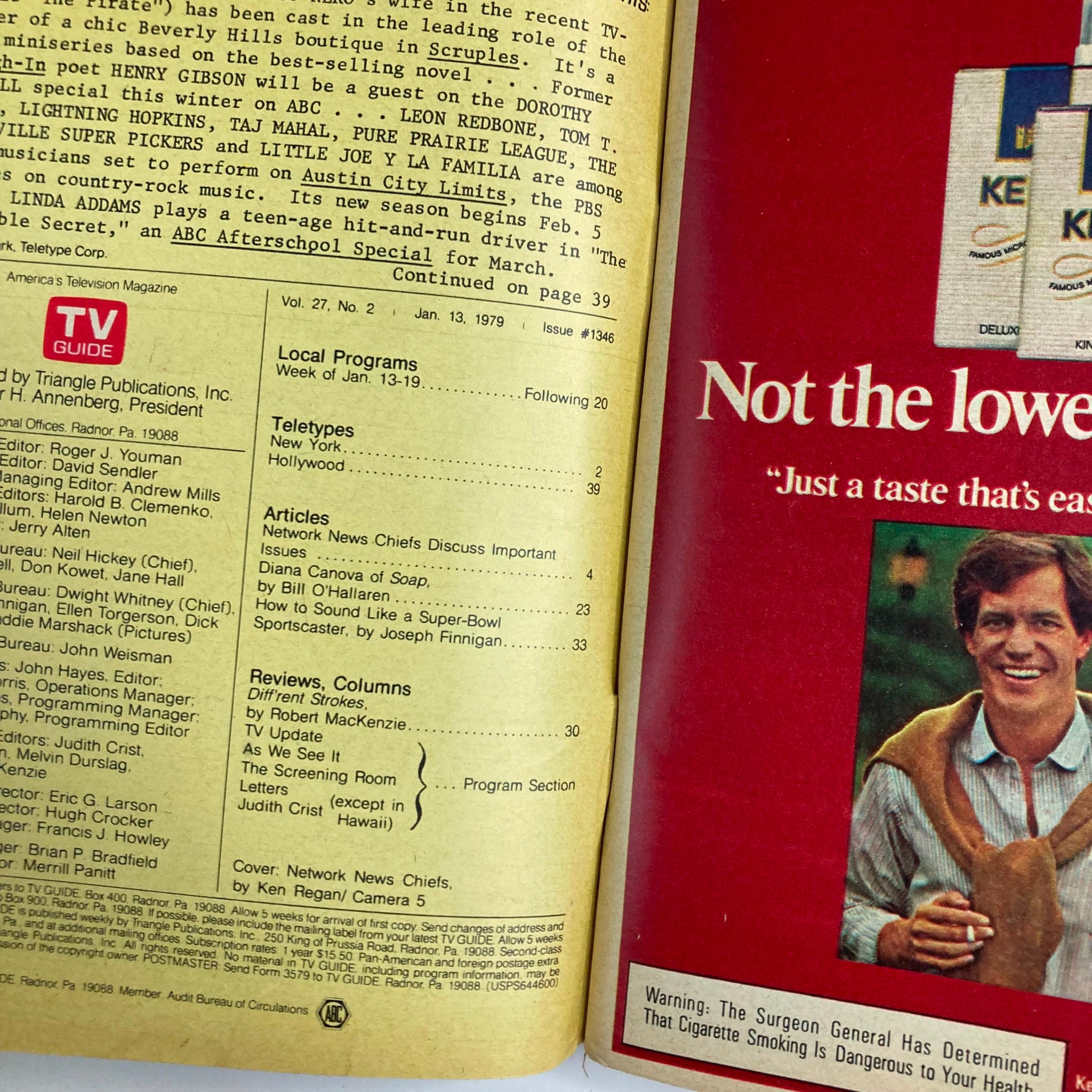 Interior page of TV Guide Magazine January 13 1979, issue #1346 showcasing articles and local programming information, including network news chiefs discussions.