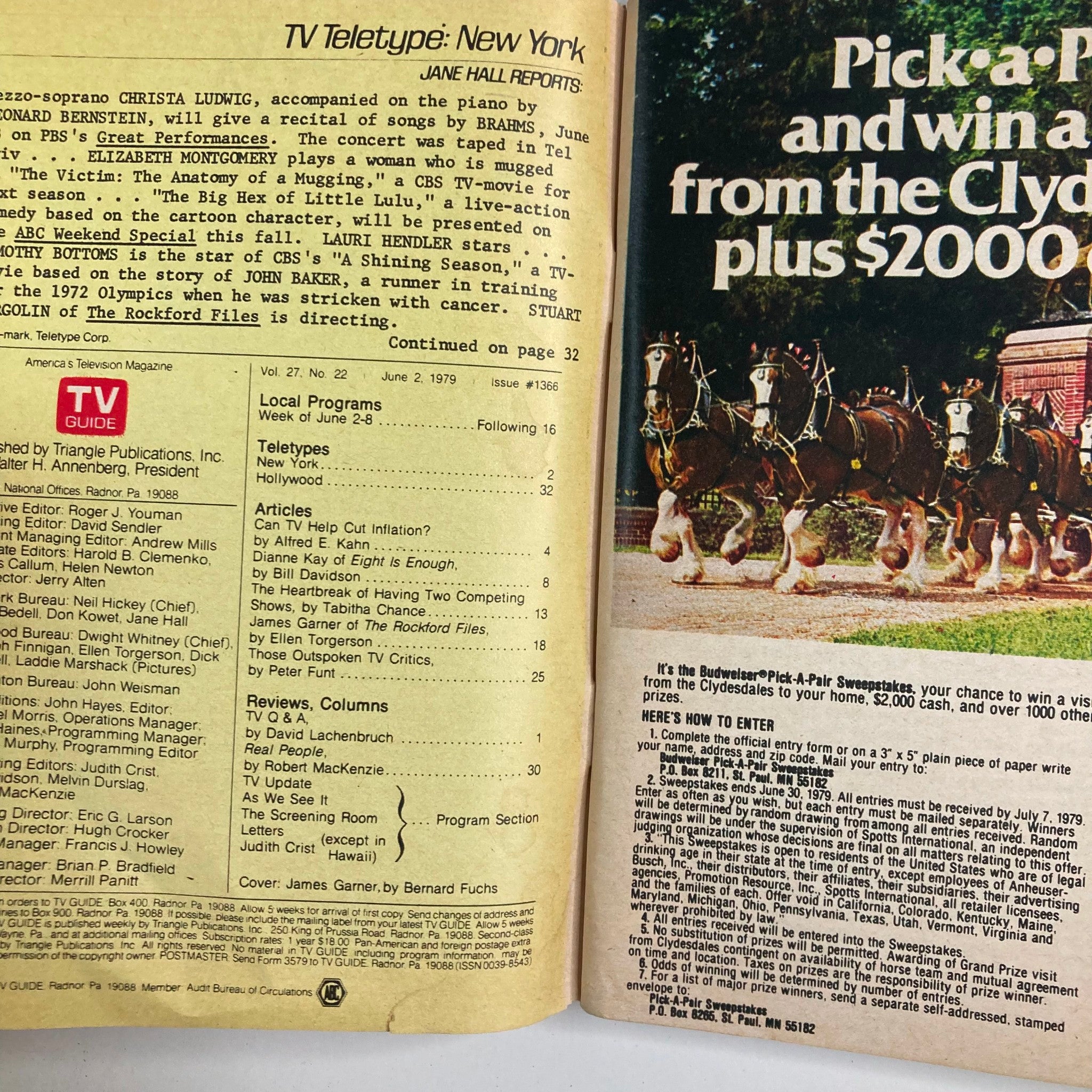 Inside pages of TV Guide Magazine June 2 1979, including program listings and articles, reflecting 1970s pop culture and television history.