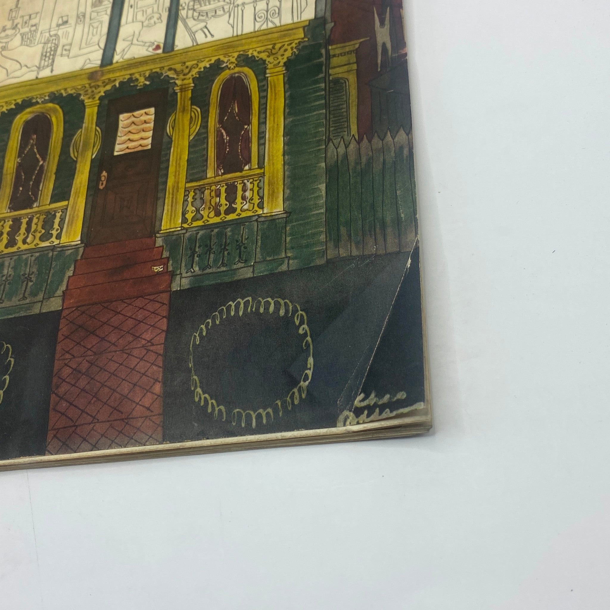 Close-up detail of The New Yorker magazine cover, February 12, 1944, by Chas Addams, showcasing the intricate design of the house and its surroundings.