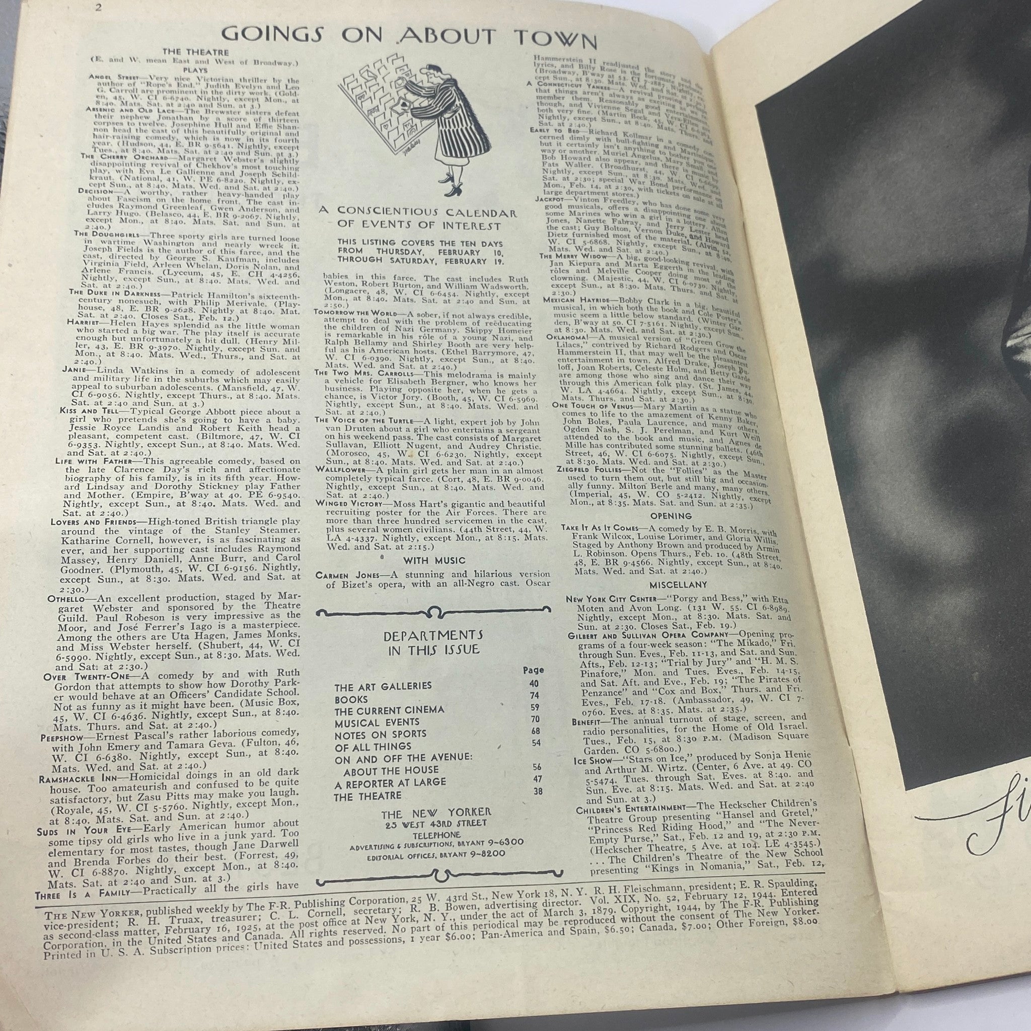 Interior page of The New Yorker magazine, February 12, 1944, displaying a calendar of events and listings as part of its unique wartime features.