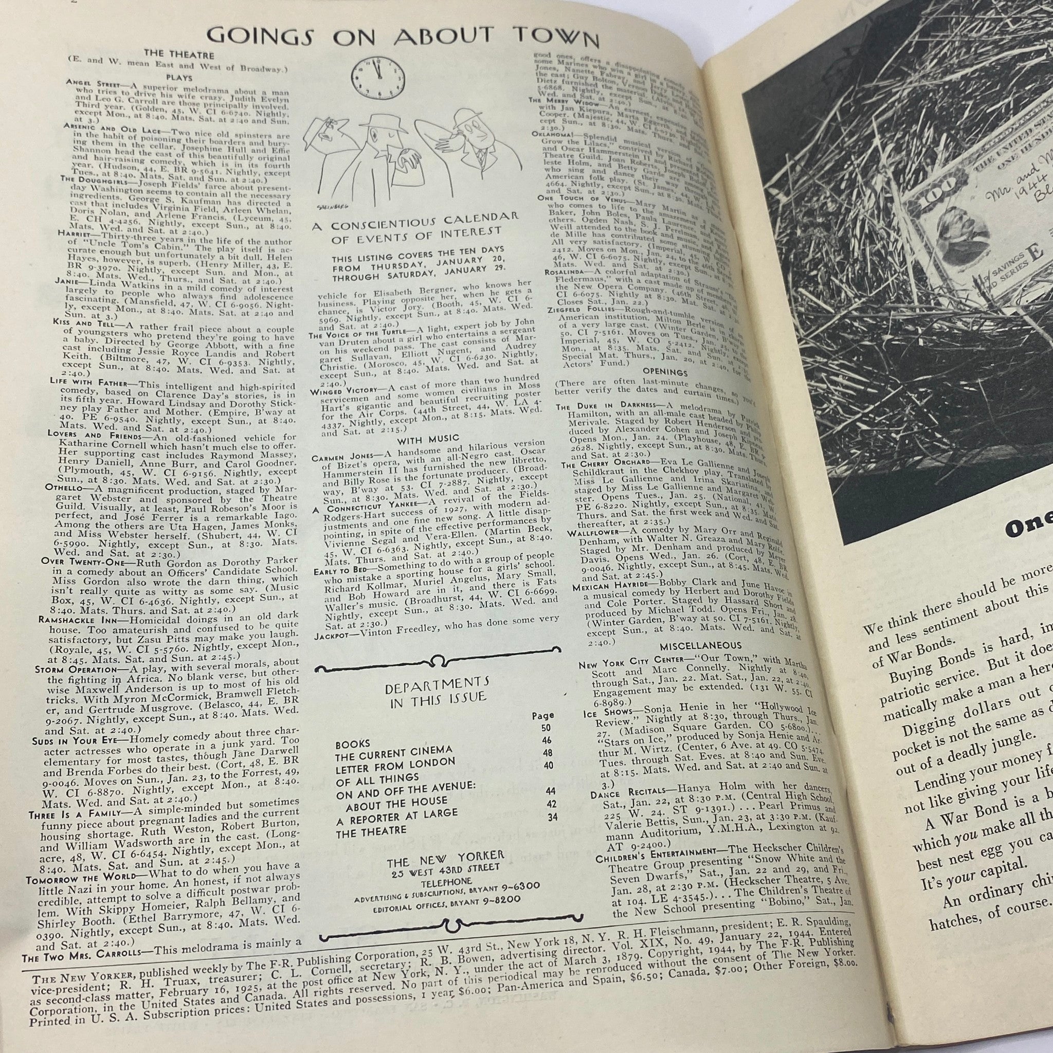 Interior page of The New Yorker magazine from January 22, 1944, featuring the 'Goings On About Town' section with a calendar of events.