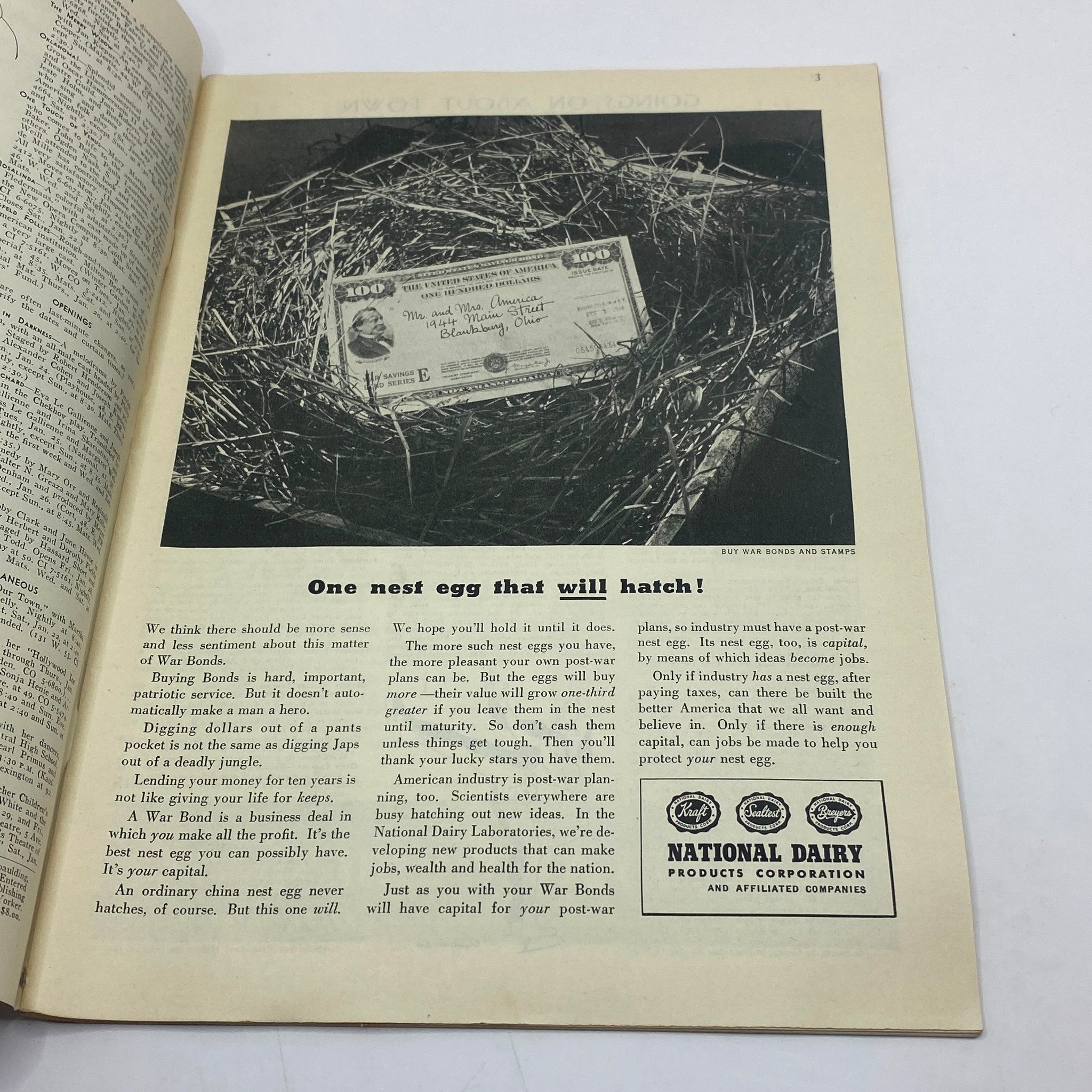 Interior page of The New Yorker magazine from January 22, 1944, highlighting a black-and-white advertisement for War Bonds with a dollar bill in a nest.