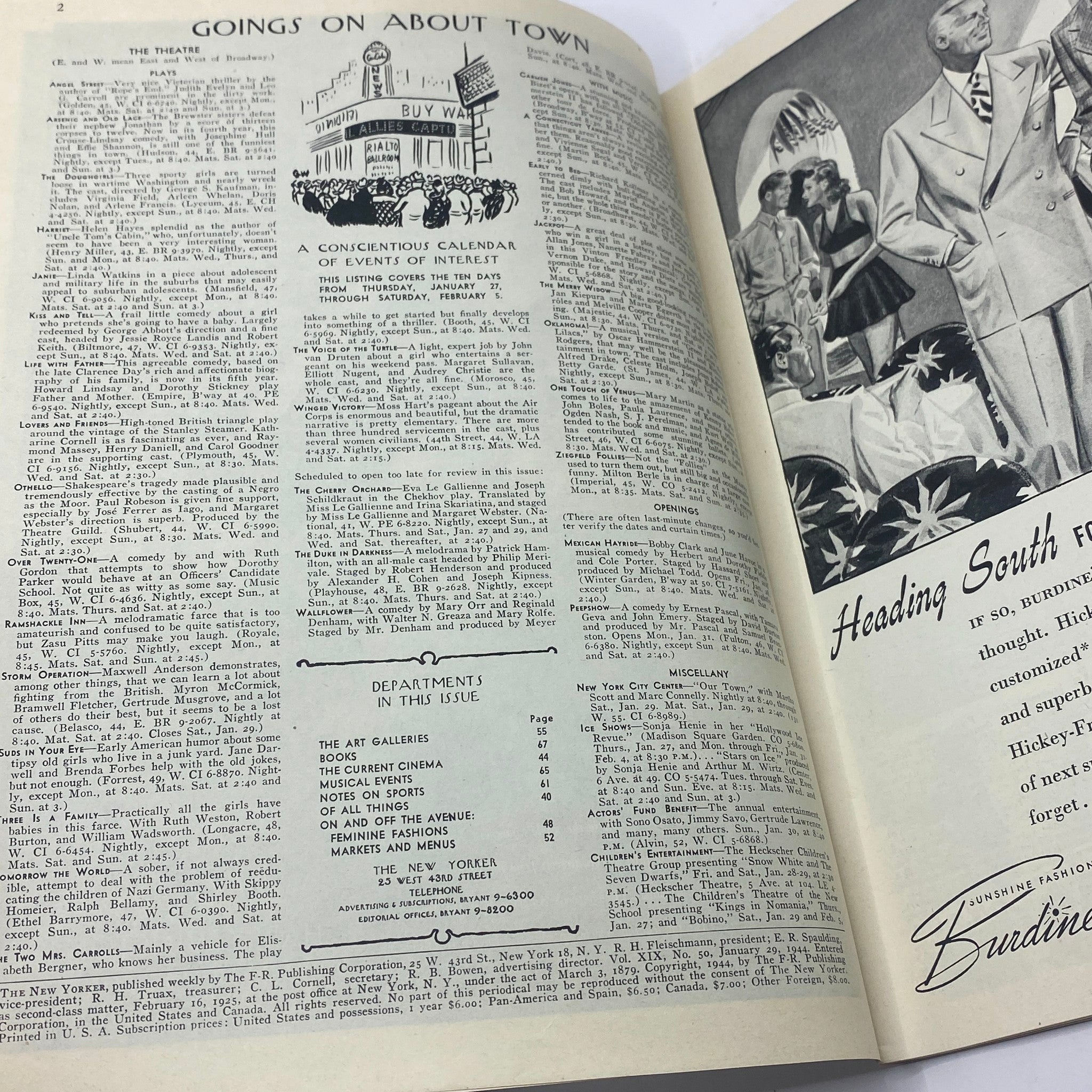 Inside pages of The New Yorker magazine January 29, 1944 featuring an event calendar with artistic references.