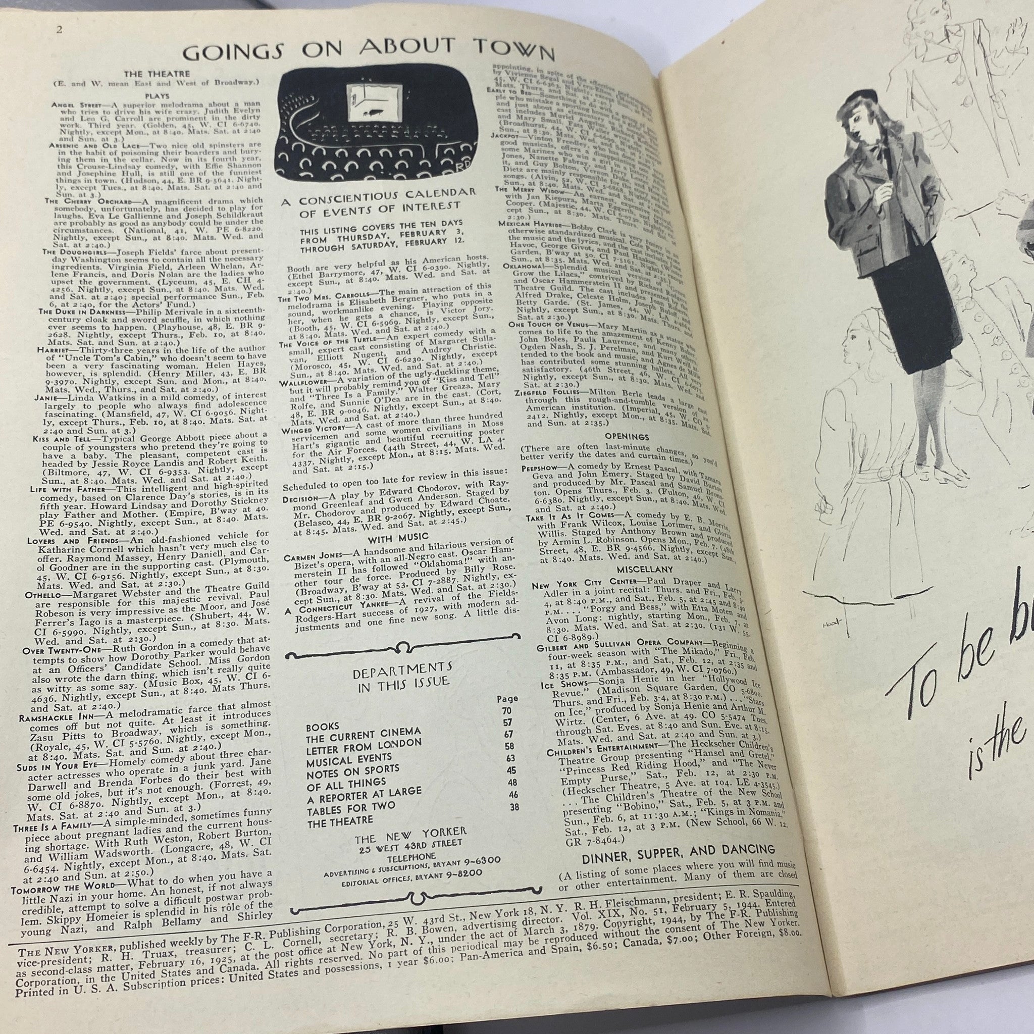 Interior page of The New Yorker magazine from February 5, 1944, showcasing the 'Goings On About Town' section with a calendar of events and various advertisements.