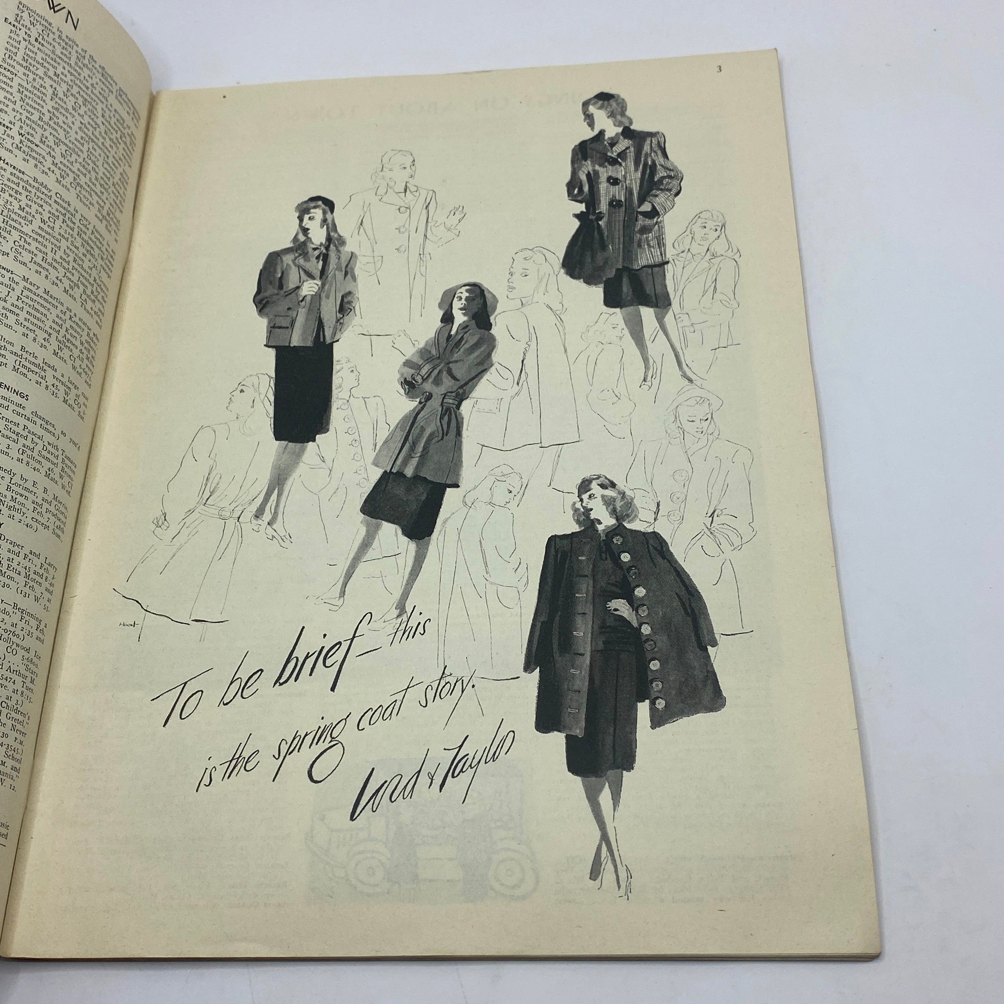 Fashion illustration featuring models in stylish spring coats, from The New Yorker magazine dated February 5, 1944, with art by William Cotton.