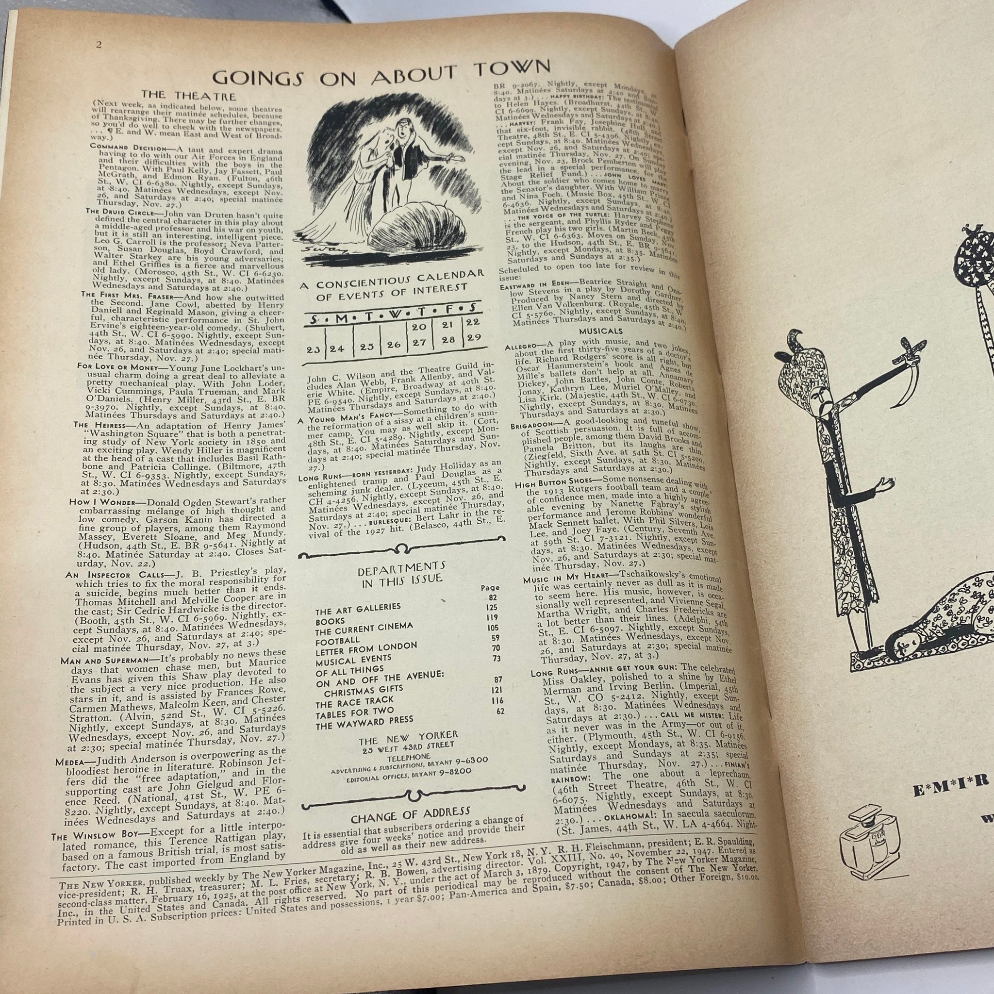 Interior page of The New Yorker magazine from November 22, 1947, titled 'Goings On About Town,' showcasing theatre events and cultural listings.