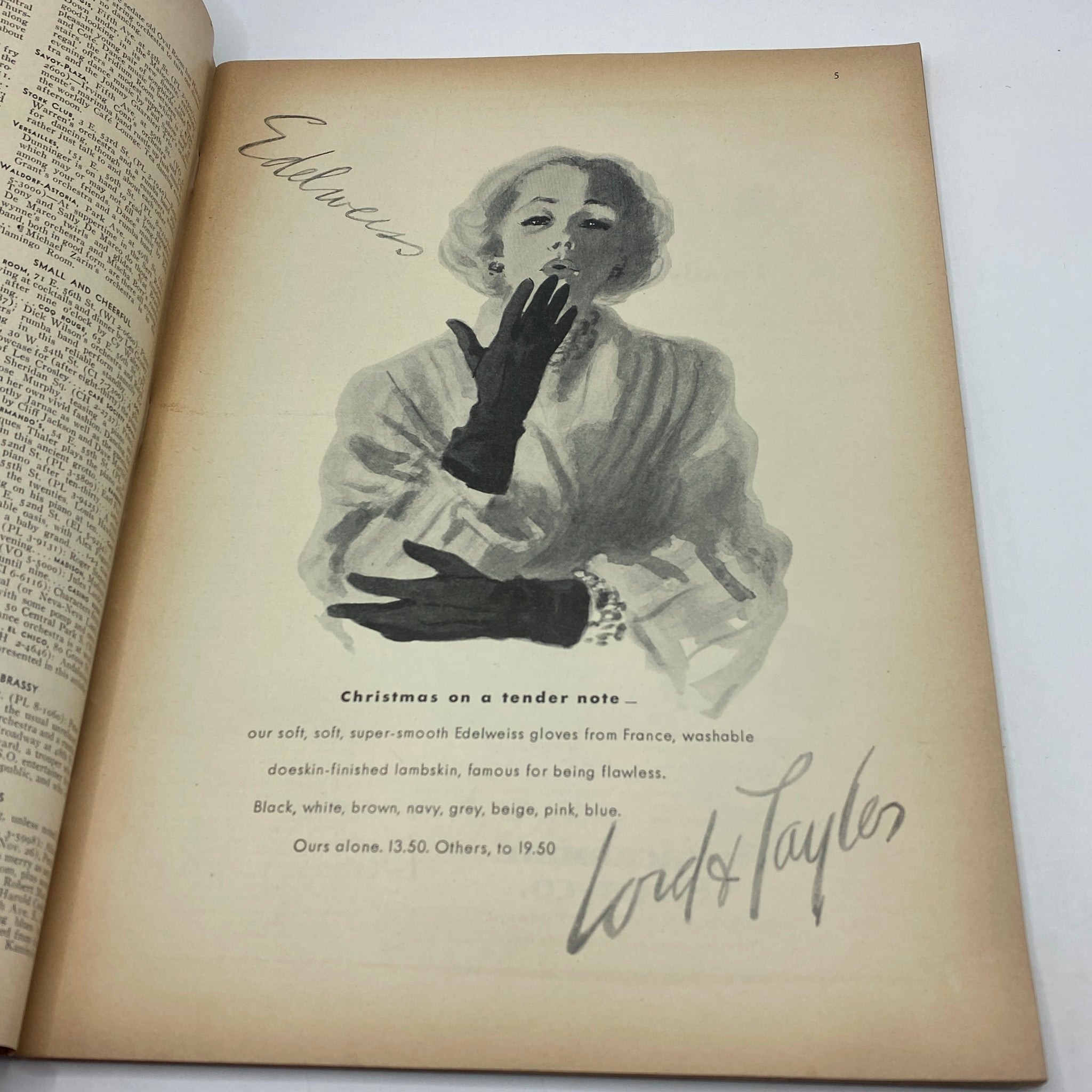 Vintage advertisement in The New Yorker magazine from November 22, 1947, featuring elegant gloves by Lord & Taylor with a model in stylish attire.