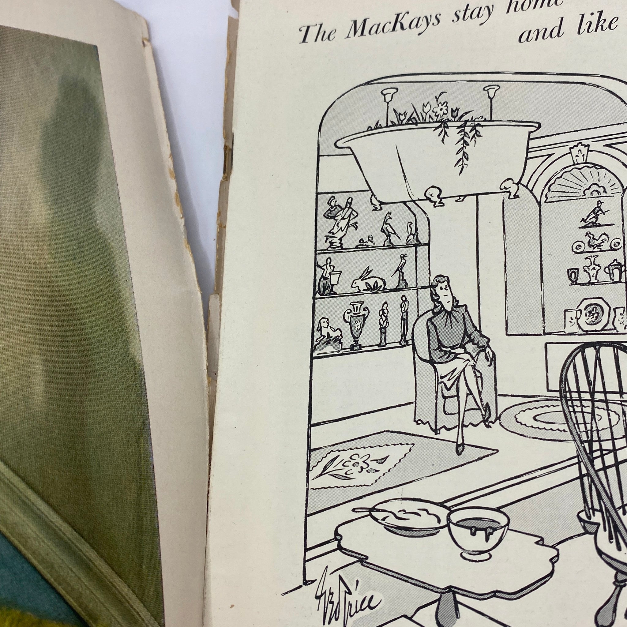 Illustration from The New Yorker Complete Magazine April 18, 1942 Perry Barlow Cover, featuring a depiction of a character sitting in a vintage room with collectibles.