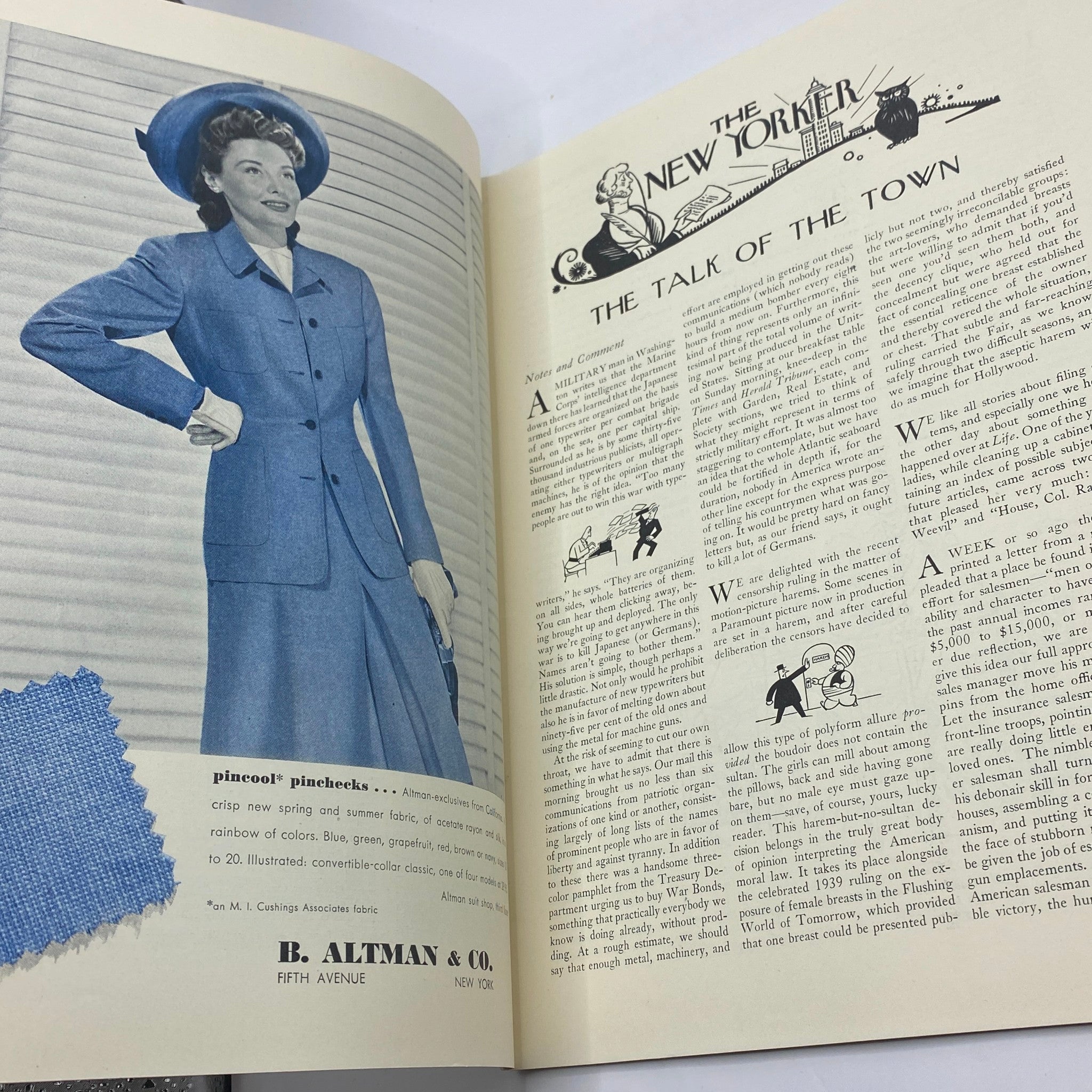 Fashion spread in The New Yorker Complete Magazine April 18, 1942 Perry Barlow Cover, showcasing a woman in a stylish suit and hat.