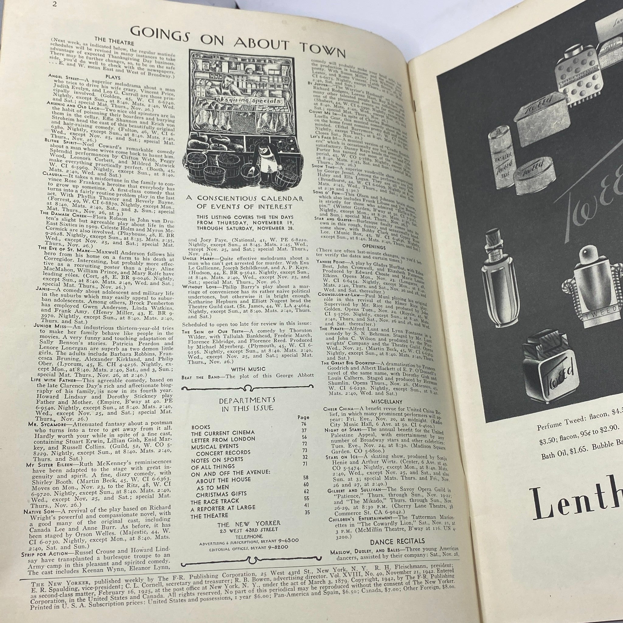 Interior page of The New Yorker Complete Magazine from November 21, 1942, displaying the 'Goings On About Town' section.