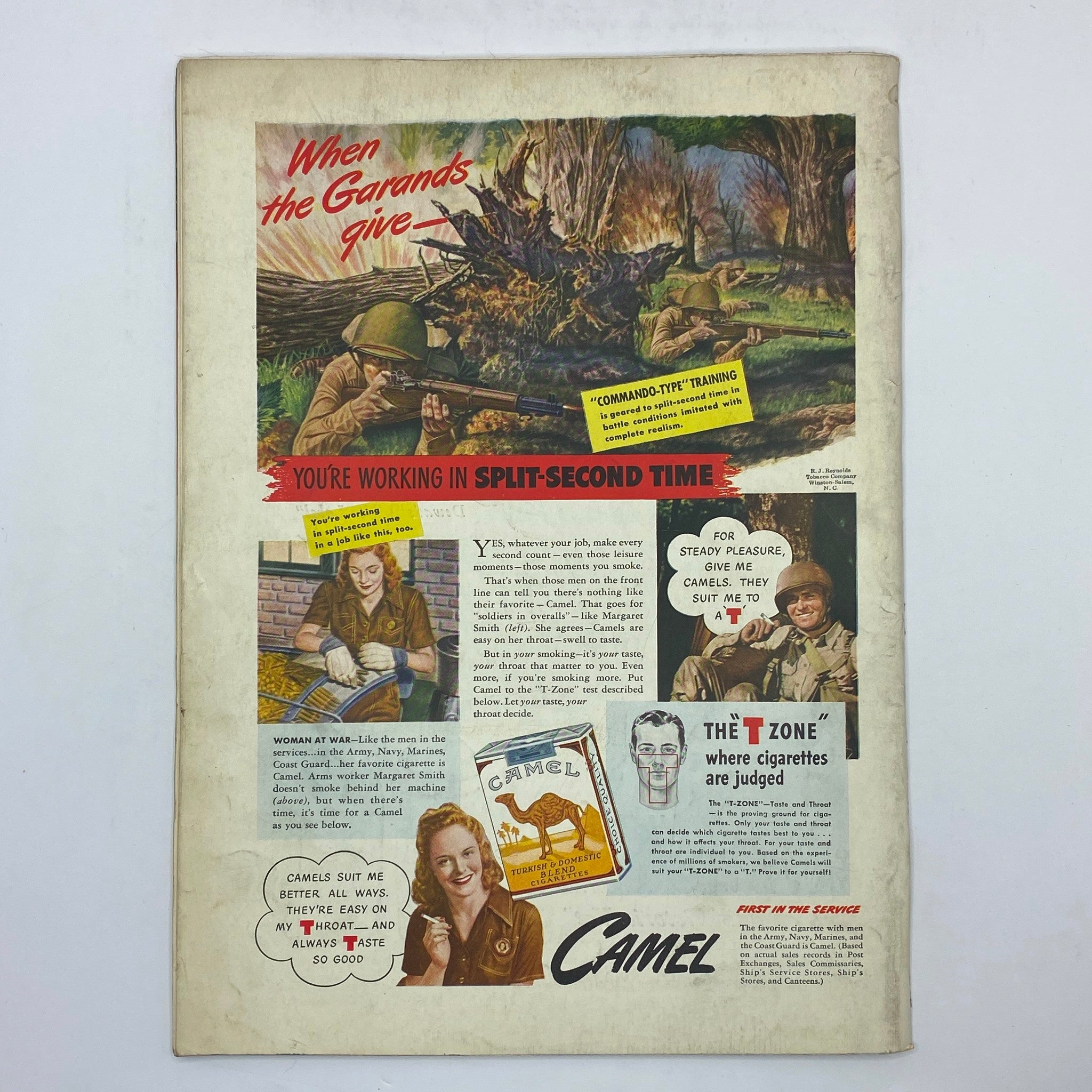 Vintage advertisement from The New Yorker magazine November 21, 1942 featuring soldiers and a woman working with firearms, illustrating the message 'When the Garands give - you're working in split-second time,' in context of wartime, linked to the Camel cigarette brand.