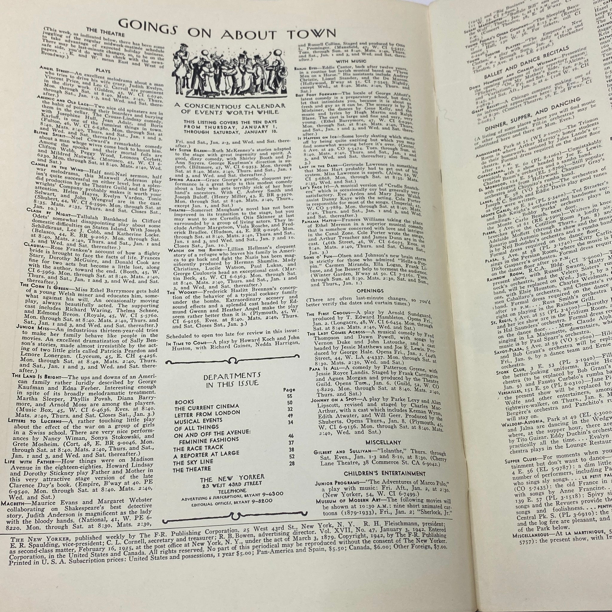 Interior page of The New Yorker Complete Magazine January 3, 1942 displaying a calendar of events and listings, reflecting cultural life during the early 1940s.