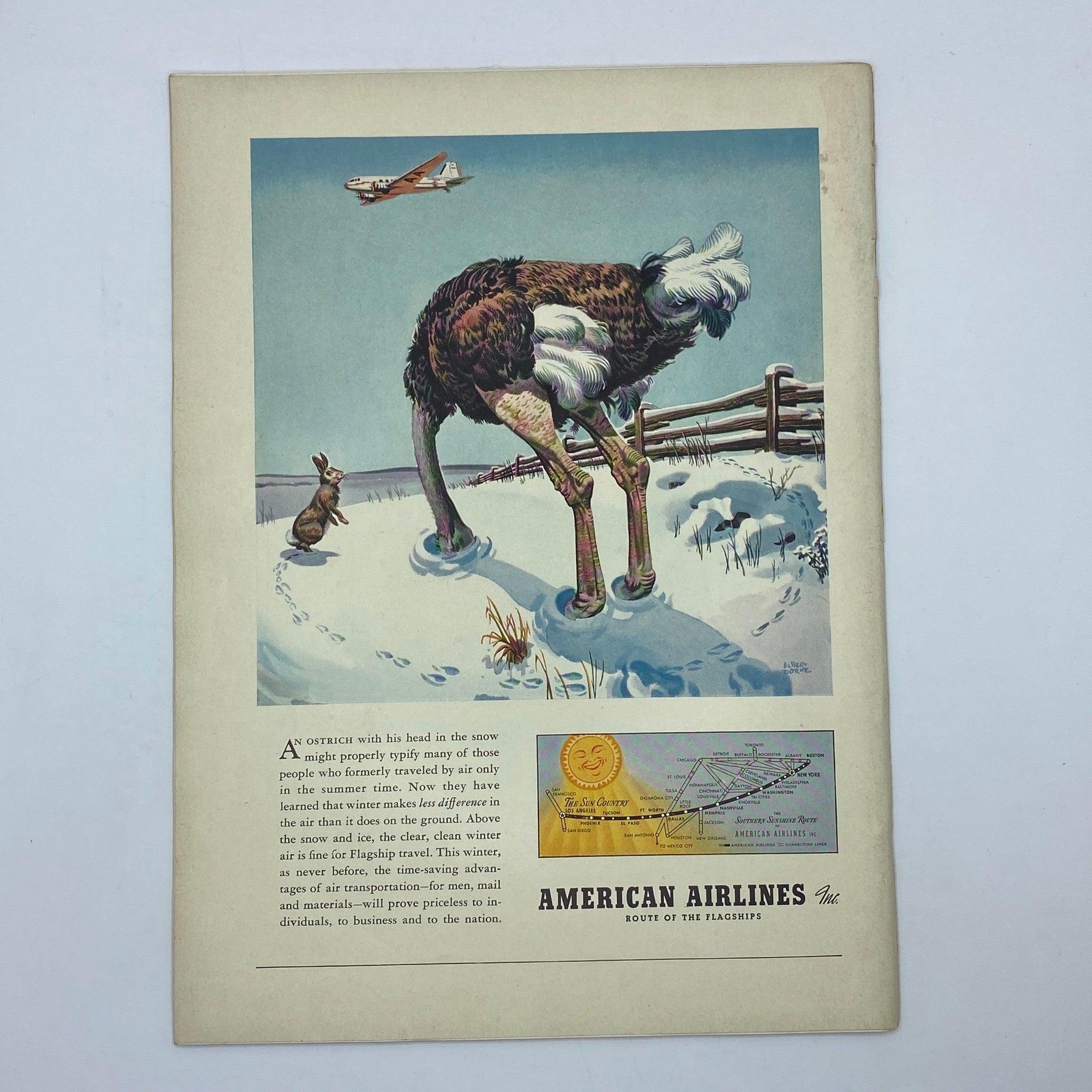 American Airlines advertisement from The New Yorker magazine, January 3, 1942, featuring a whimsical illustration of an ostrich in the snow, promoting travel advantages during winter.