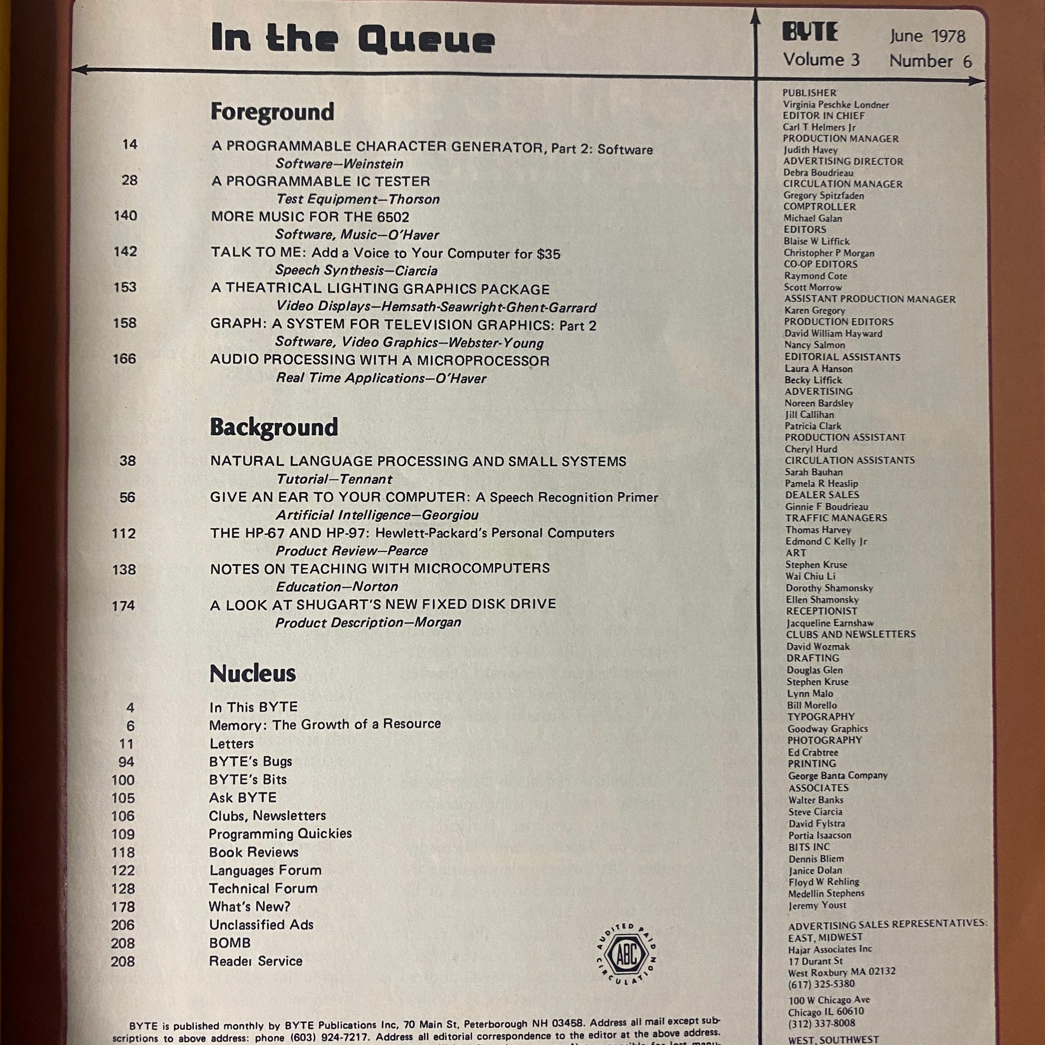 Table of contents from Byte Magazine June 1978, Volume 3, Number 6, listing articles on programmable character generation, natural language processing, and computer hardware reviews.