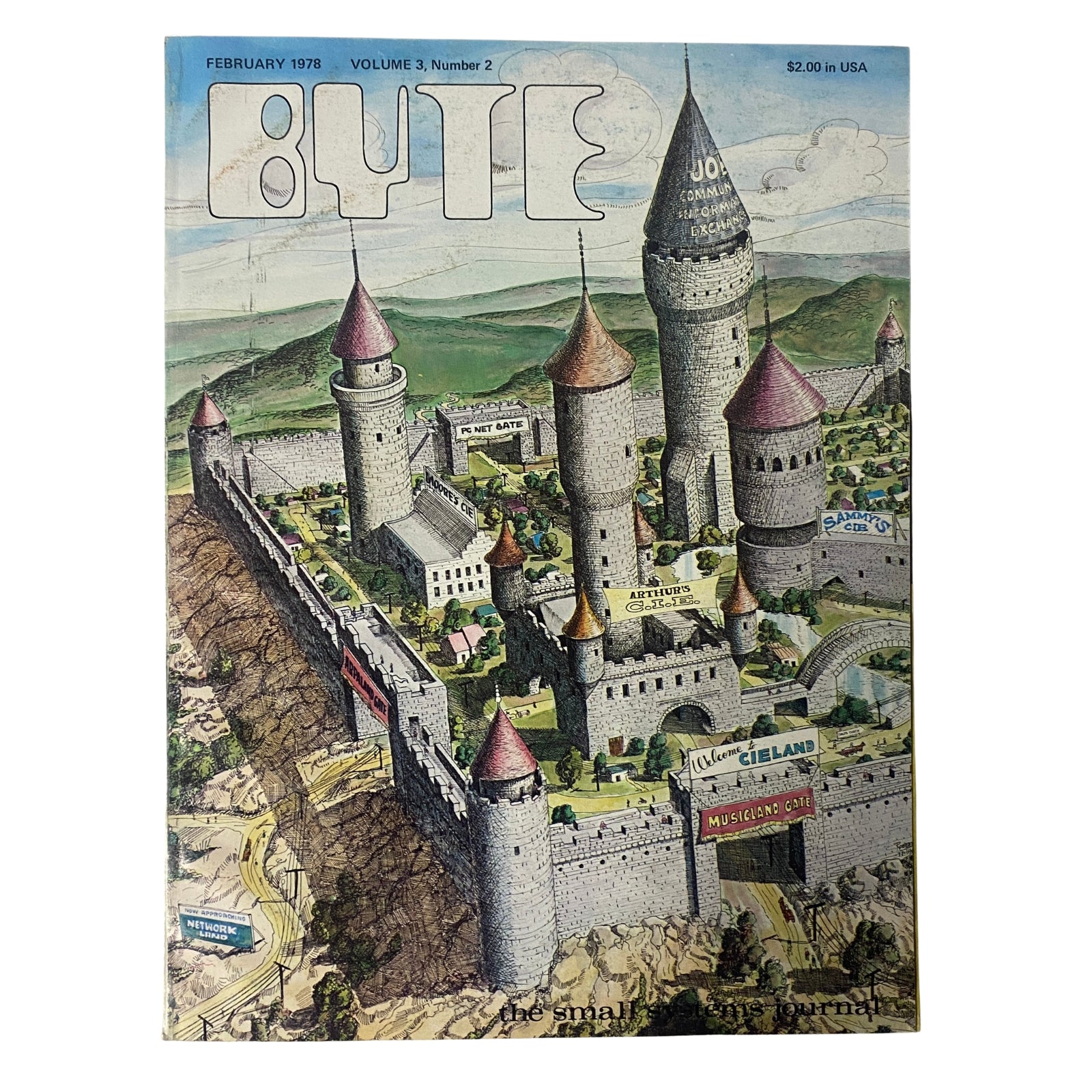 Byte Magazine February 1978 Vol 3 No 2 cover featuring a detailed illustration of a castle-themed landscape, showcasing the pioneering spirit of early computing.