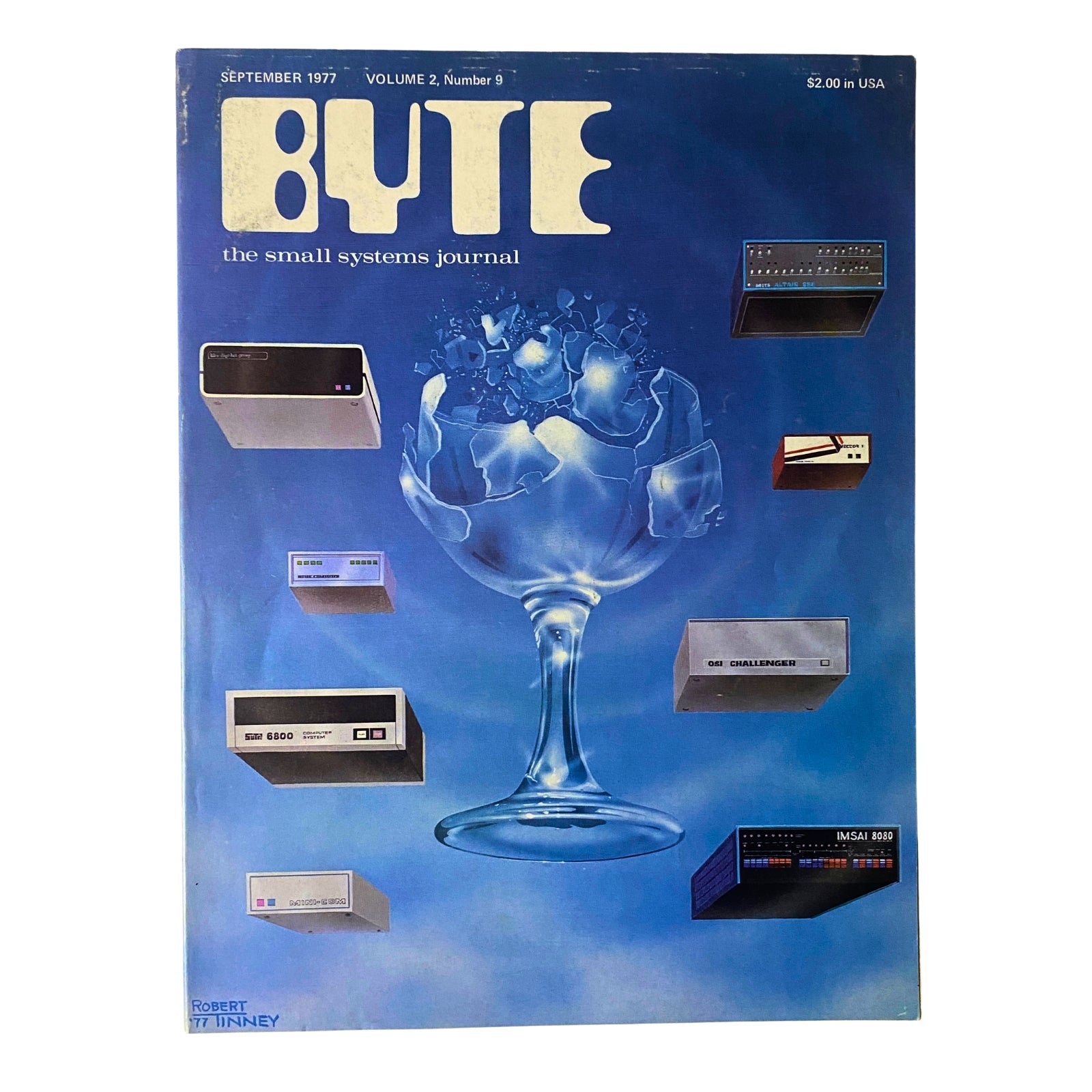 Byte Magazine cover from September 1977, Vol. 2, No. 9, featuring computer graphics and devices. Focus on the theme of early personal computing and technology innovation.