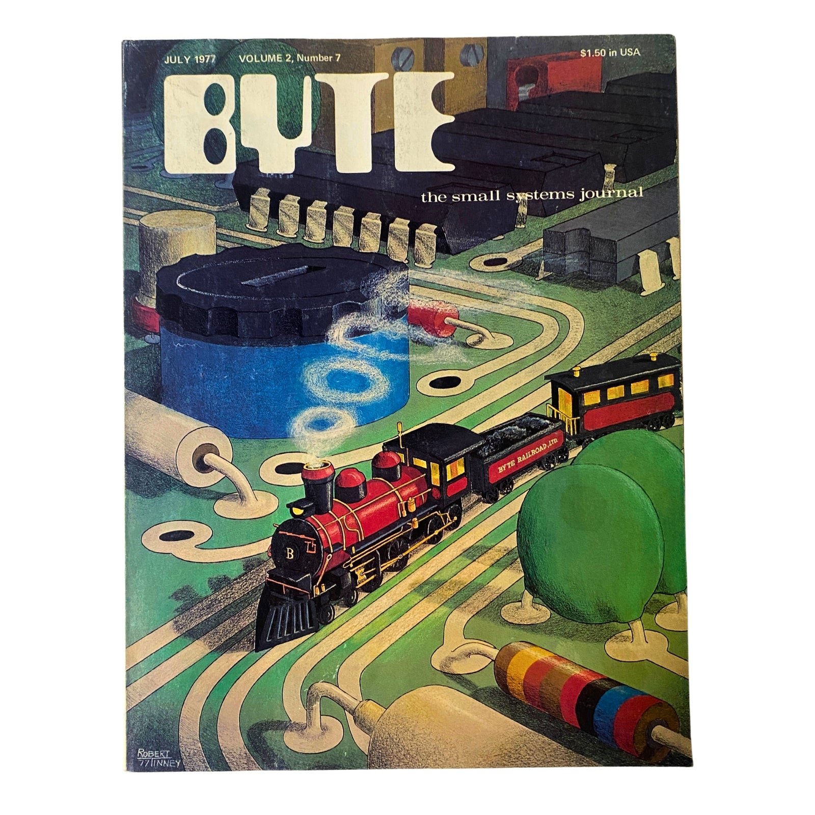 Byte Magazine July 1977 cover featuring vibrant artwork by Robert Tinney, showcasing a model railroad scene and highlighting the theme 'Computer Engineering'.