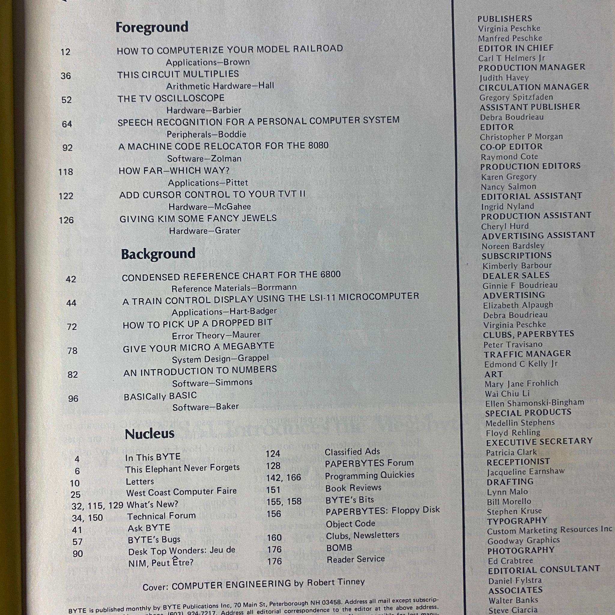 Byte Magazine July 1977 contents page listing articles on model railroading, speech recognition, and hardware design for early computing applications.