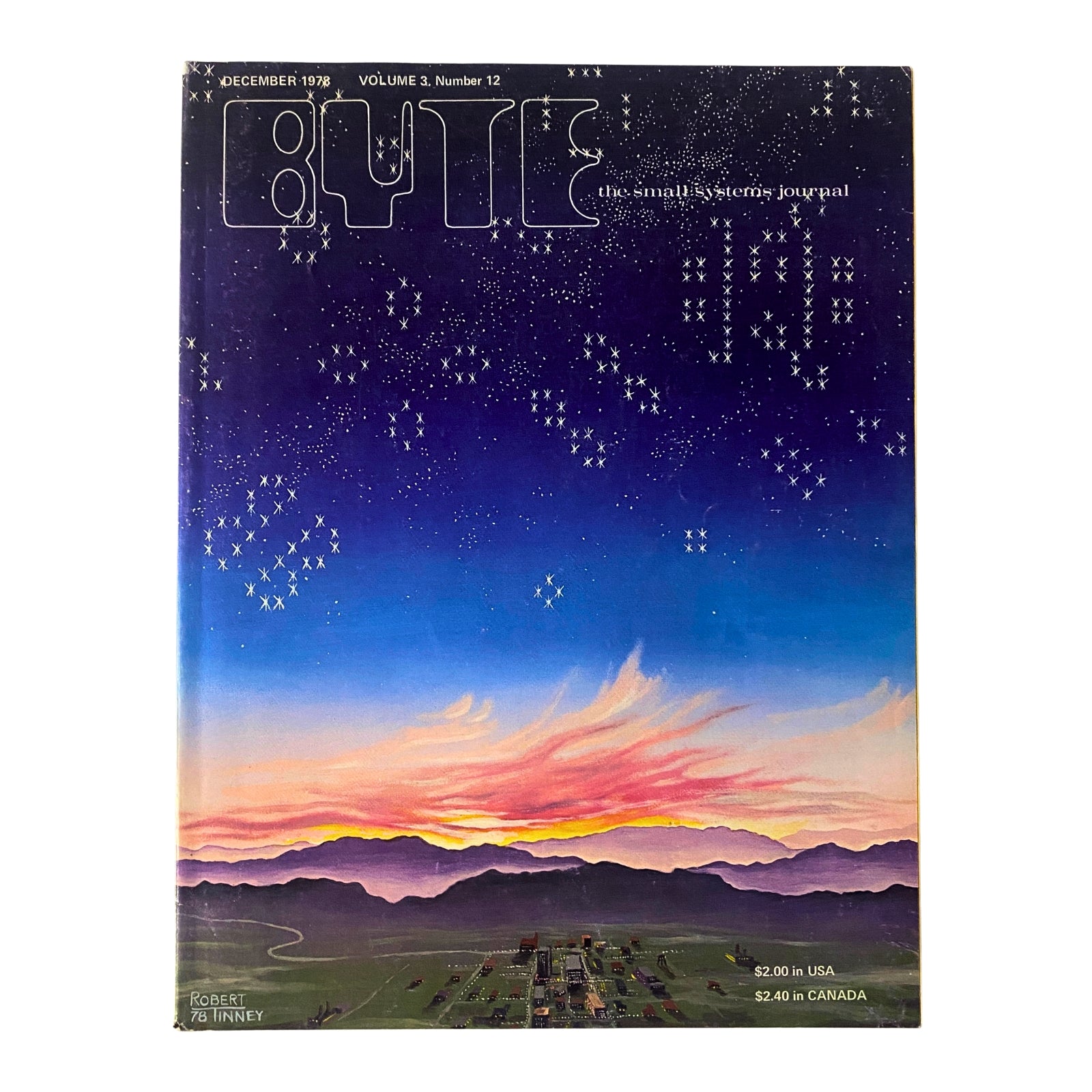 Cover of Byte Magazine December 1978 Vol 3 No. 12 featuring a colorful sunset with stars and a landscape, highlighting the theme 'Designing A Universal Turing Machine'.