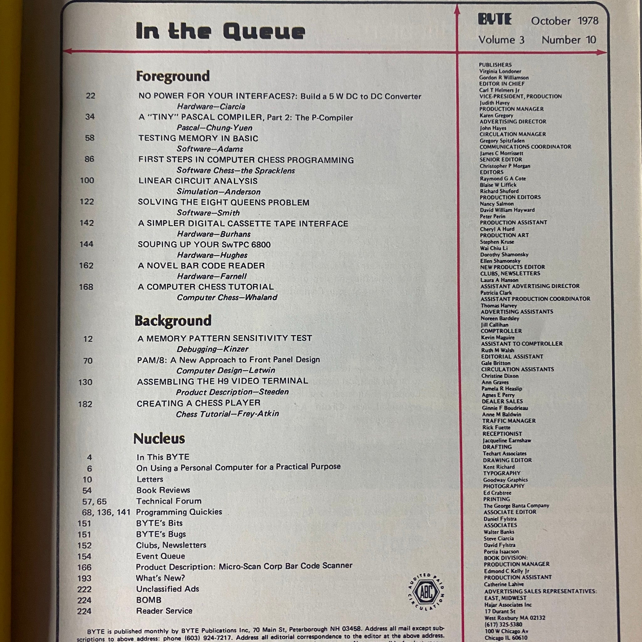 Byte Magazine October 1978 Volume 3 Number 10 interior page highlighting the table of contents including articles on Pascal compilers, memory testing and computer chess programming.