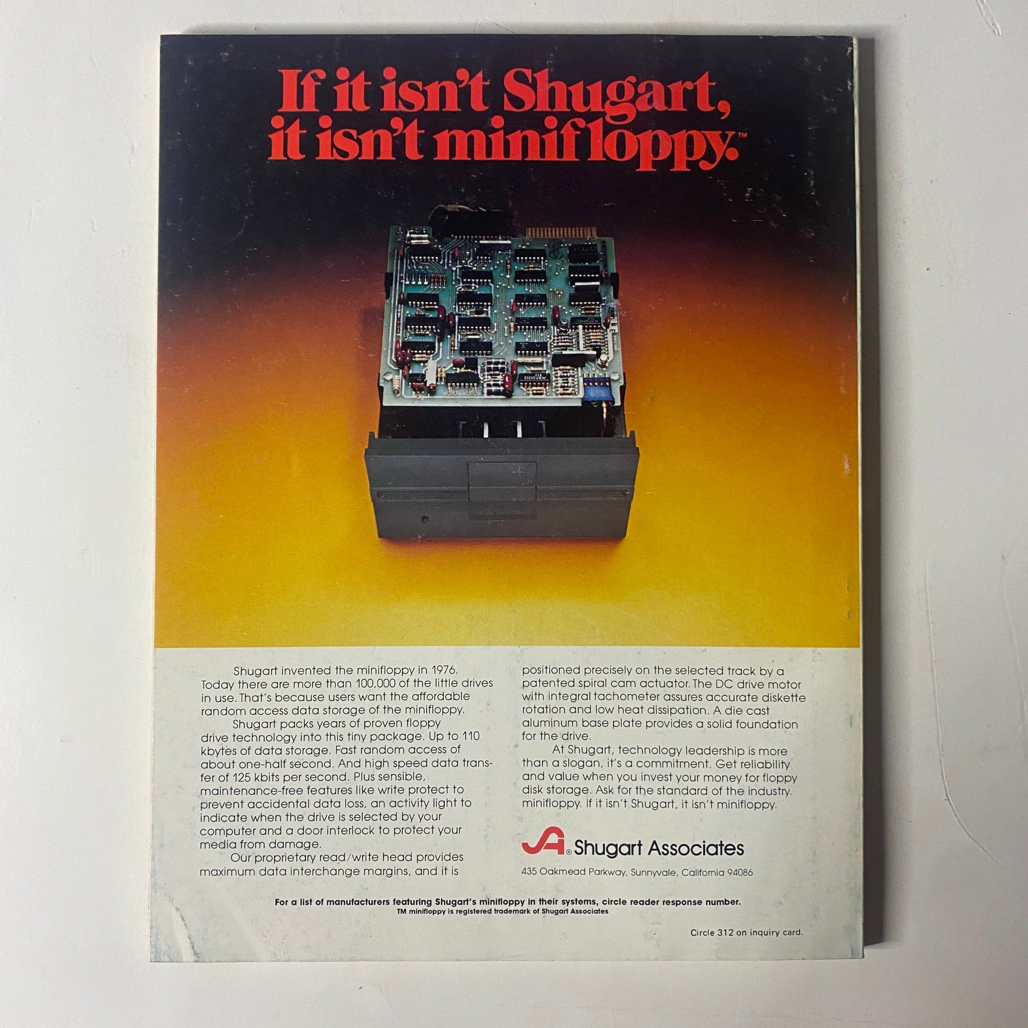 Back cover of Byte Magazine October 1978 Vol 3 No. 10 advertising Shugart Associates' mini floppy disk technology, emphasizing innovation in computer hardware.
