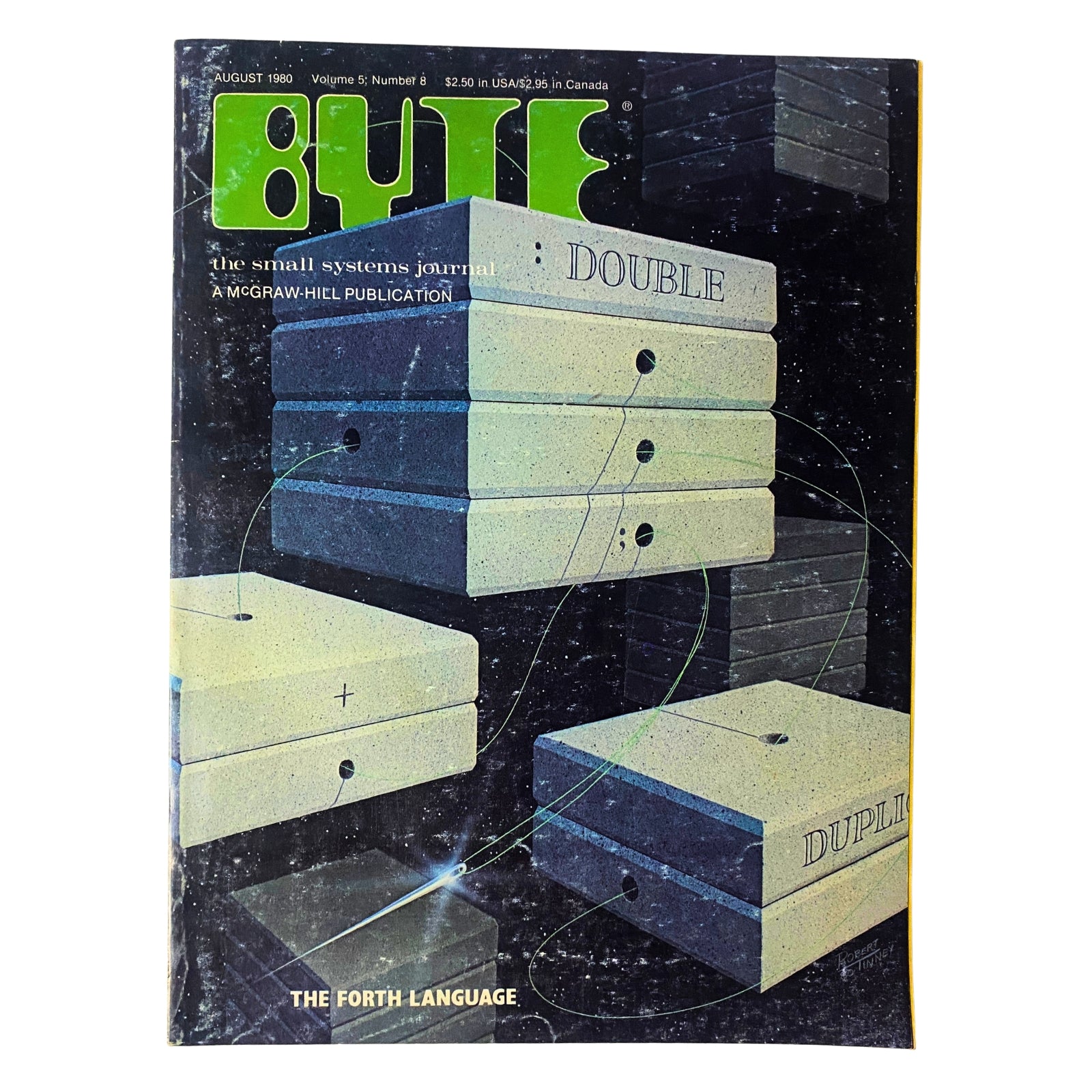 Cover of Byte Magazine August 1980, Volume 5, Number 8, featuring 'The Forth Language'. Includes graphic design with stacked digital storage units and the title prominently displayed.