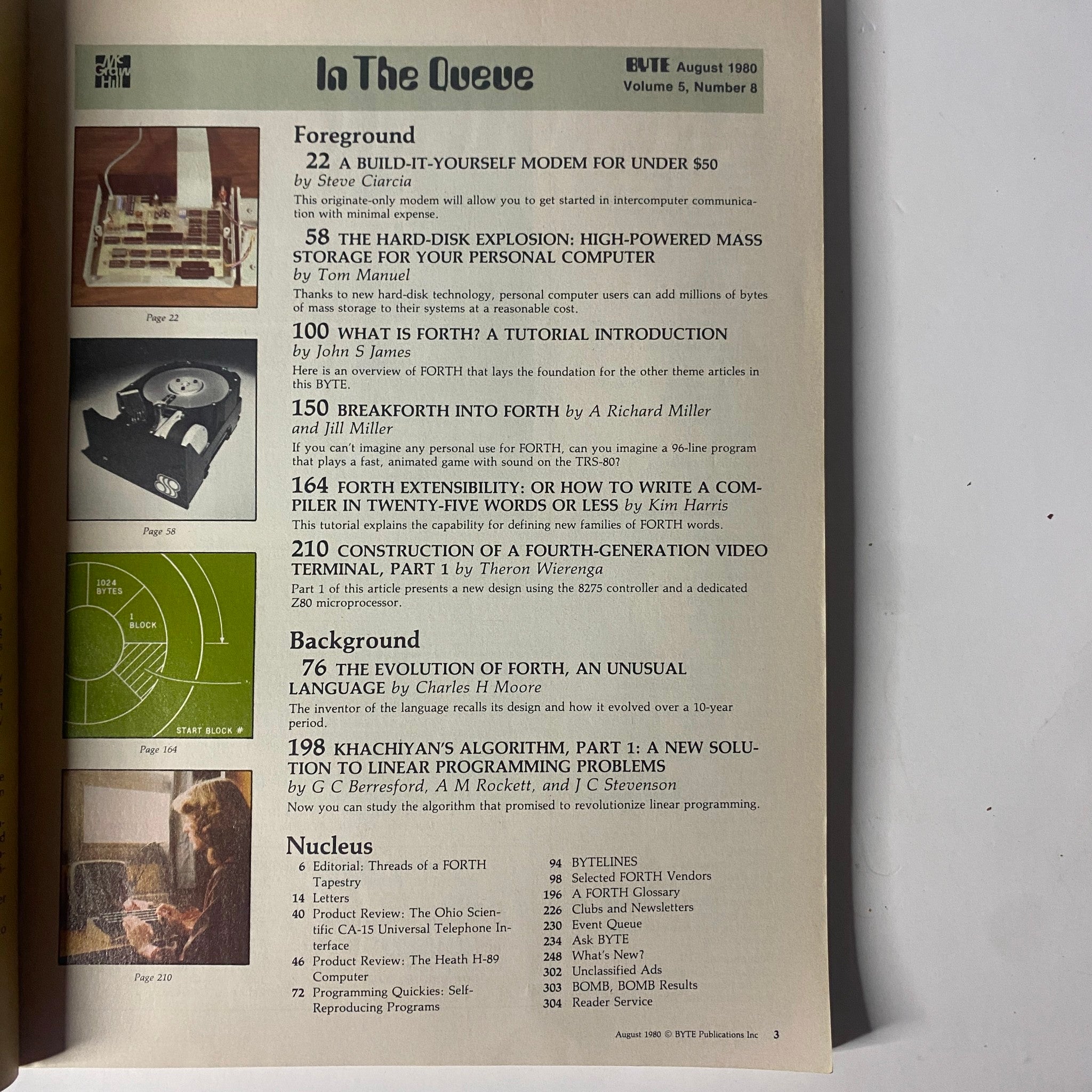 Page from Byte Magazine August 1980 Vol 5 No 8 featuring sections titled 'Foreground' and 'Background', highlighting articles on Forth language programming, including tutorials and reviews.