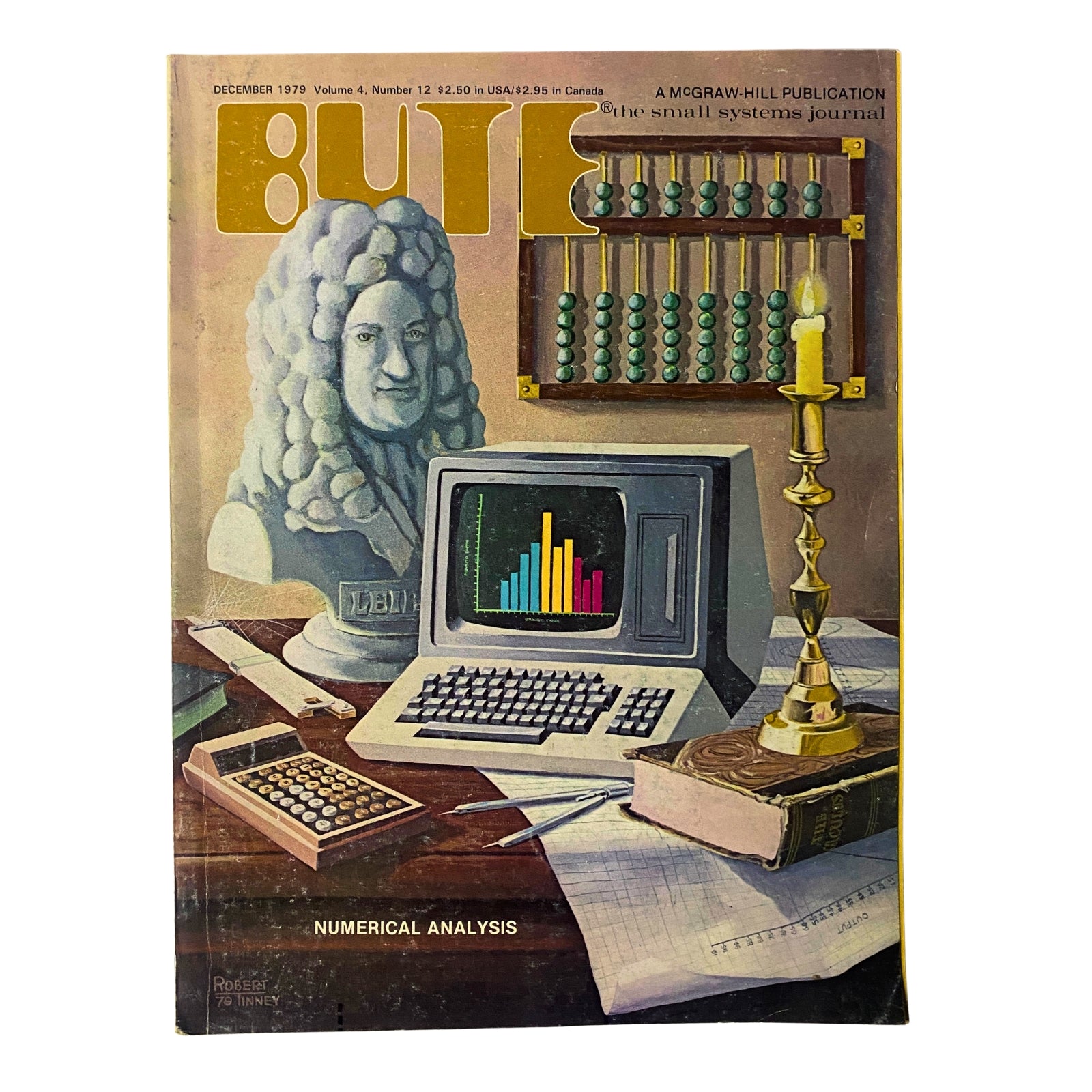 Byte Magazine December 1979 Vol 4 No. 12 cover featuring numerical analysis, artwork by Robert Tinney, vintage computing themes including a computer and abacus.
