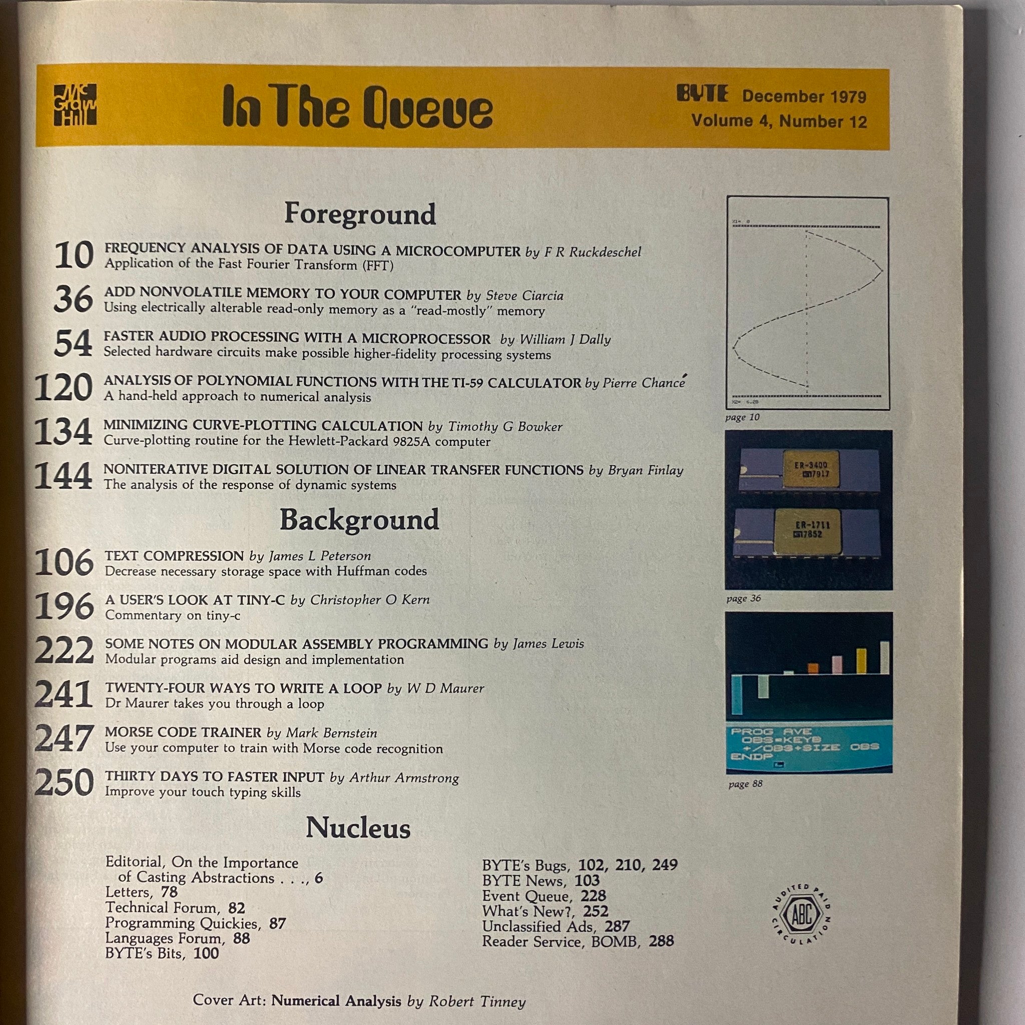 Table of contents for Byte Magazine December 1979 Vol 4 No. 12 highlighting articles on numerical analysis, FFT, text compression, and modular programming.