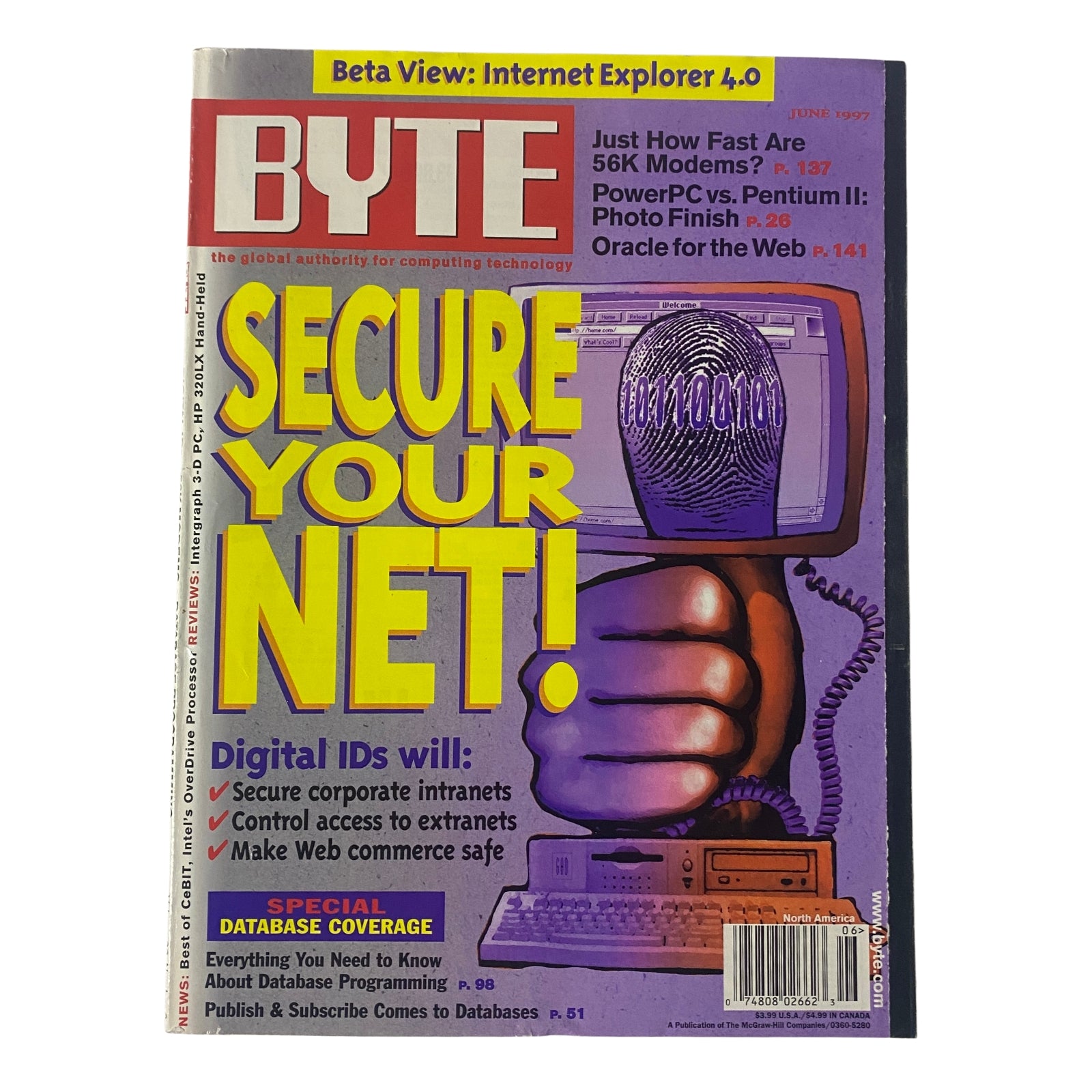 Byte Magazine June 1997 cover featuring a bold title 'Secure Your Net!' and highlights on computing technology including digital IDs and database coverage. The magazine showcases topics like Internet security, modem speeds, and Oracle database tools.