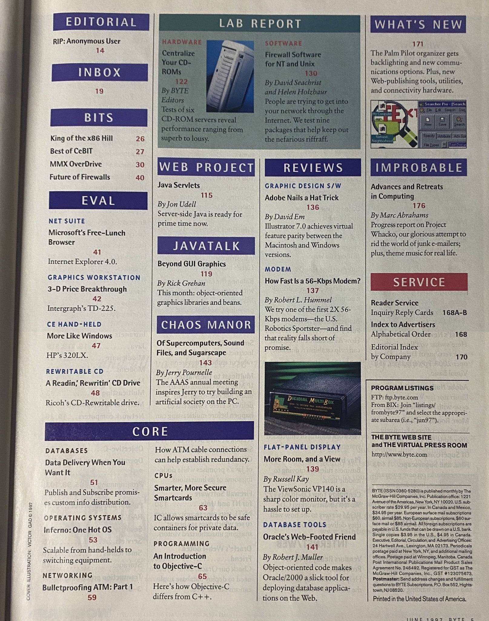 Byte Magazine June 1997 Special Database Coverage issue showing editorial sections including RIP: Anonymous User and Inbox, highlighting key articles on databases, Java Servlets, and advancements in computing.
