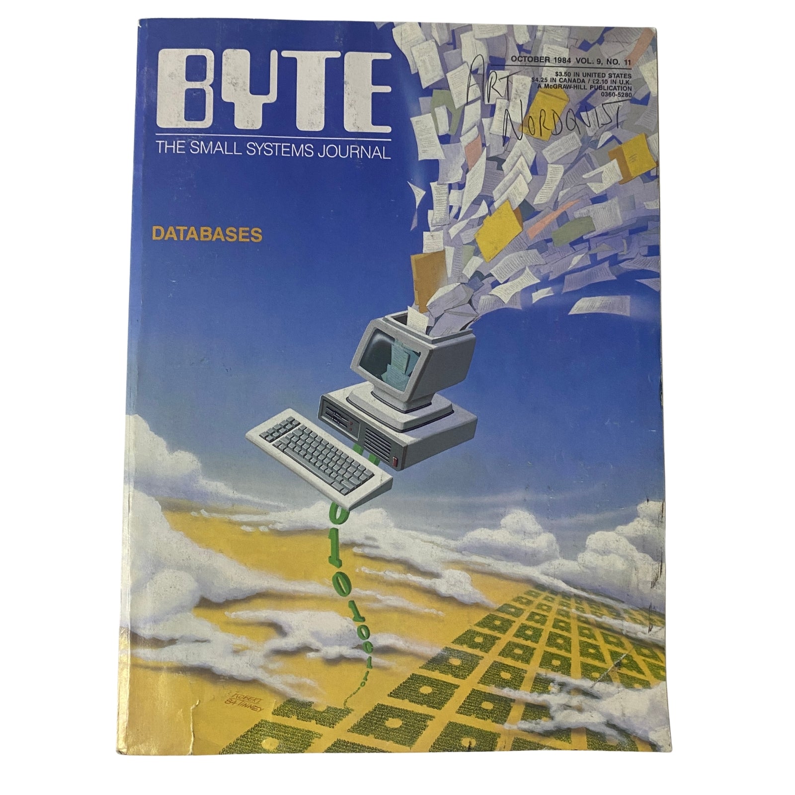 Cover of Byte Magazine October 1984 Vol 9 No. 11 featuring an illustration related to databases and computer technology, showcasing a computer with papers flying from it.